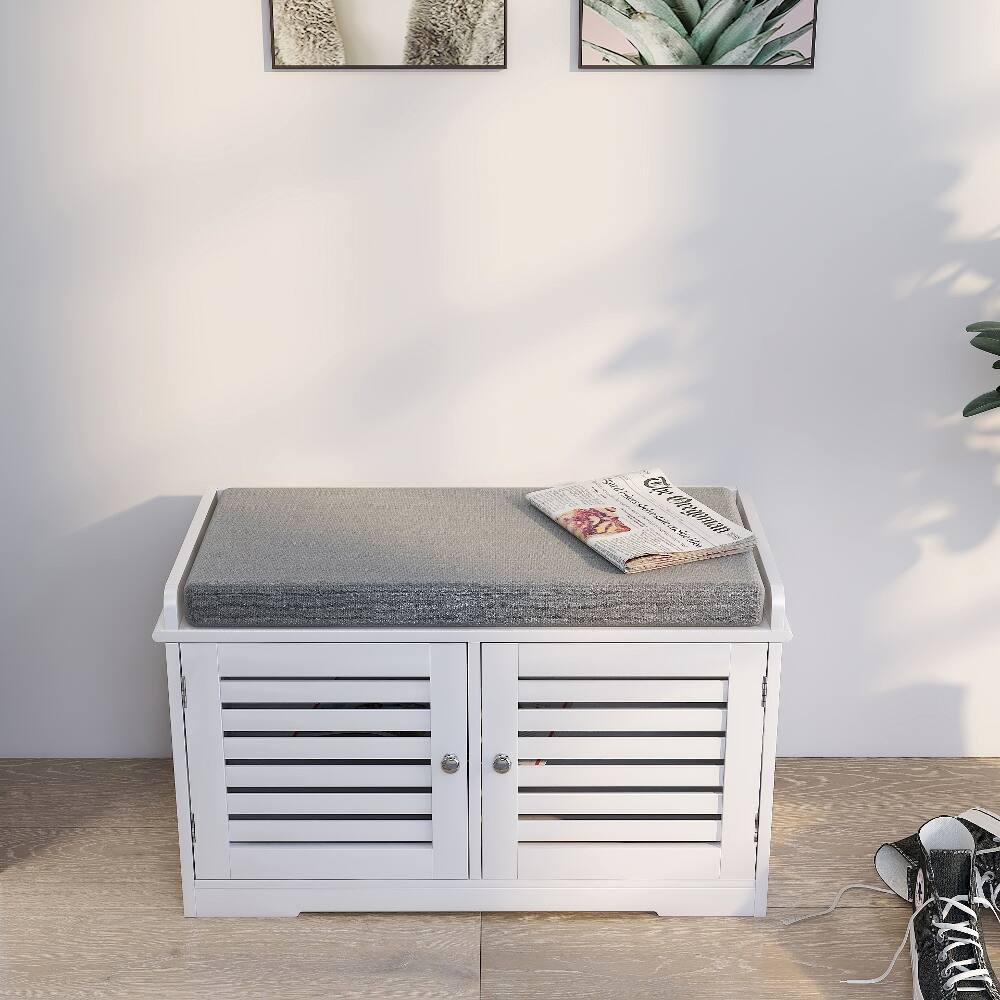 Left. Ropilly - Ropilly White Shoe Storage Bench with Padded Seat Cushion, Modern Entryway Bench with Barn Doors - White.