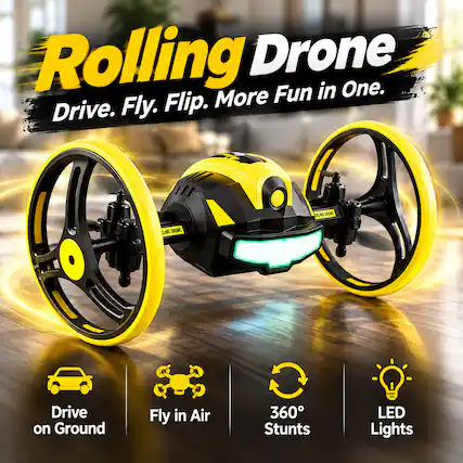 Rolling Drone
Drive. Fly. Flip. More Fun in One.
SOUND DRONE
LING DRONE
Drive on Ground
Fly in Air
360° Stunts
LED Lights