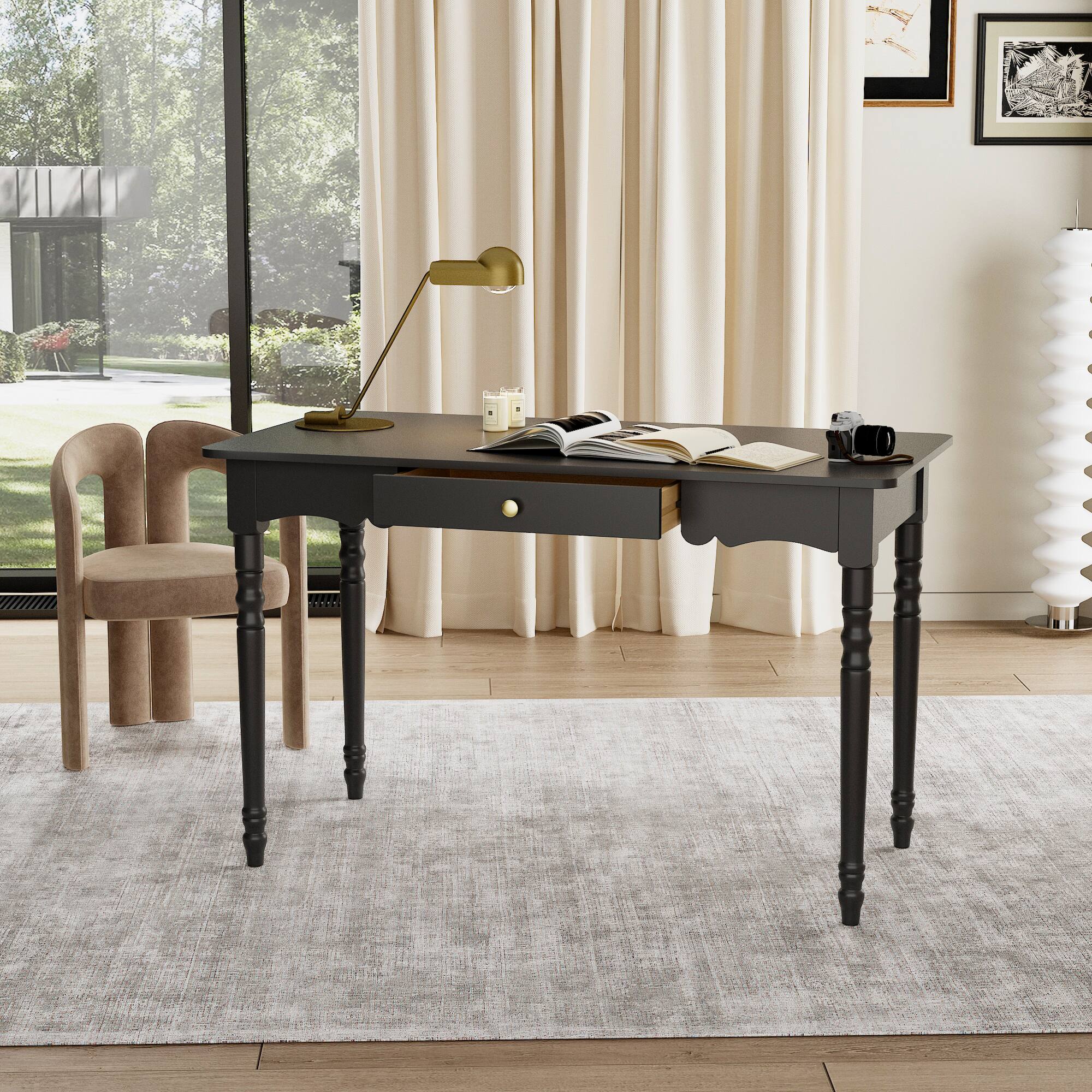 Alt View 4. Famapy - Solid Wood Writing Desk with Drawer for Home Office Study, Modern Black Desk with Gold Accents & Storage - Black.