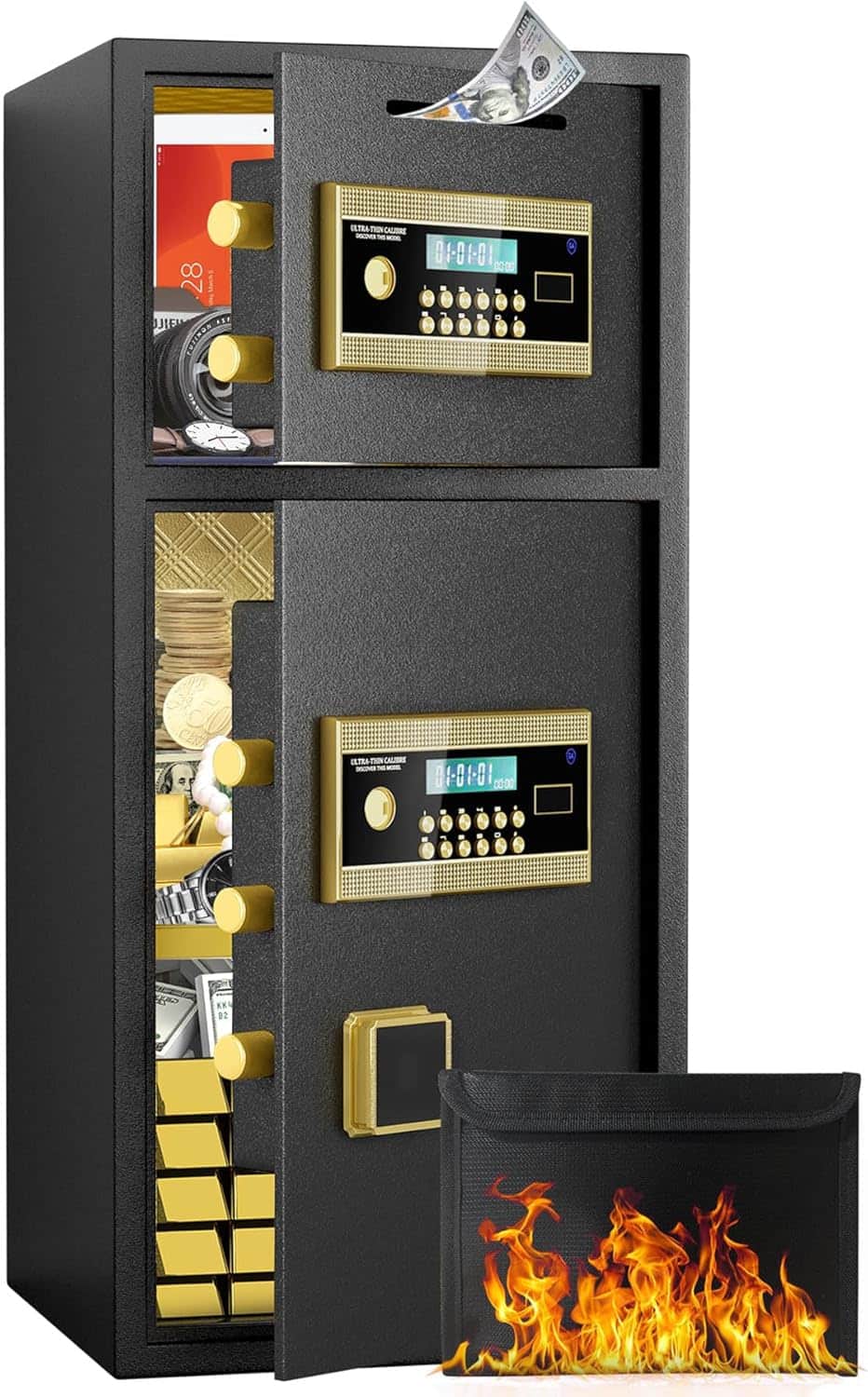 MOOSOO - 7.0 Cu Ft 2 Door Digital Security Safe Box with Fireproof Bag, Hidden Code Function For Home, Office and Hotel - Black