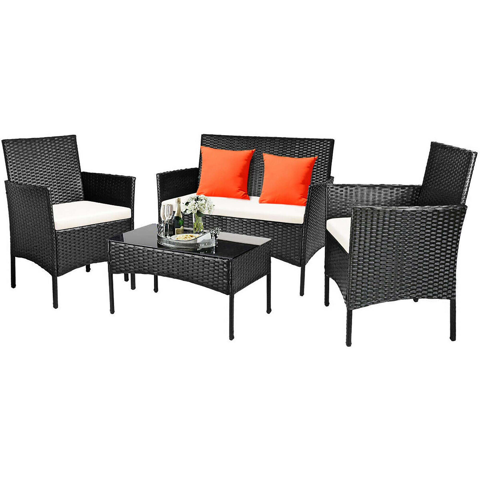 Costway - 4PCS Patio Rattan Seating Set Cushioned Sofa Coffee Table Backyard Porch - Multicolor