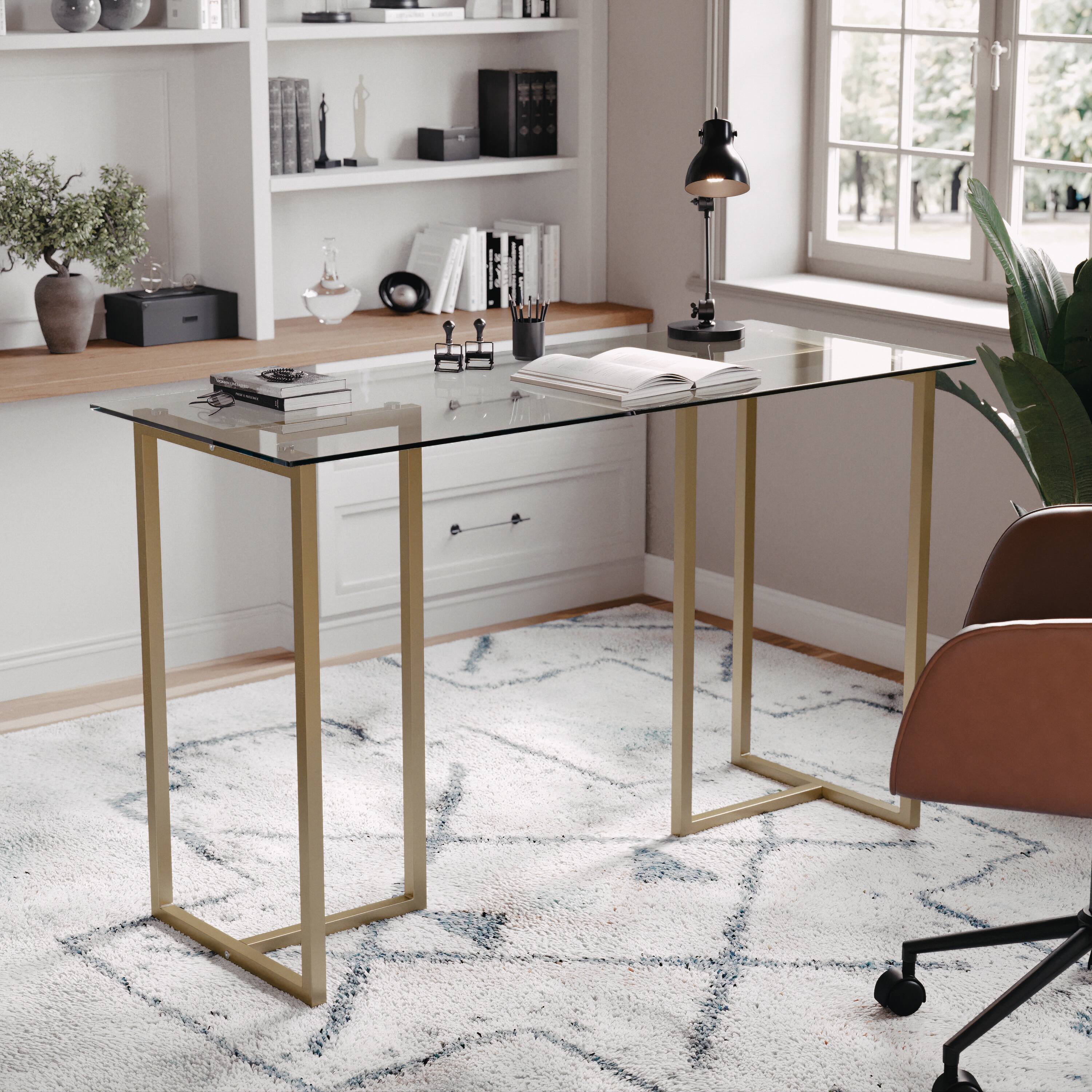 Alt View 11. Martha Stewart - Eli Tempered Glass Top Office Desk - Clear Top/Polished Brass Frame.