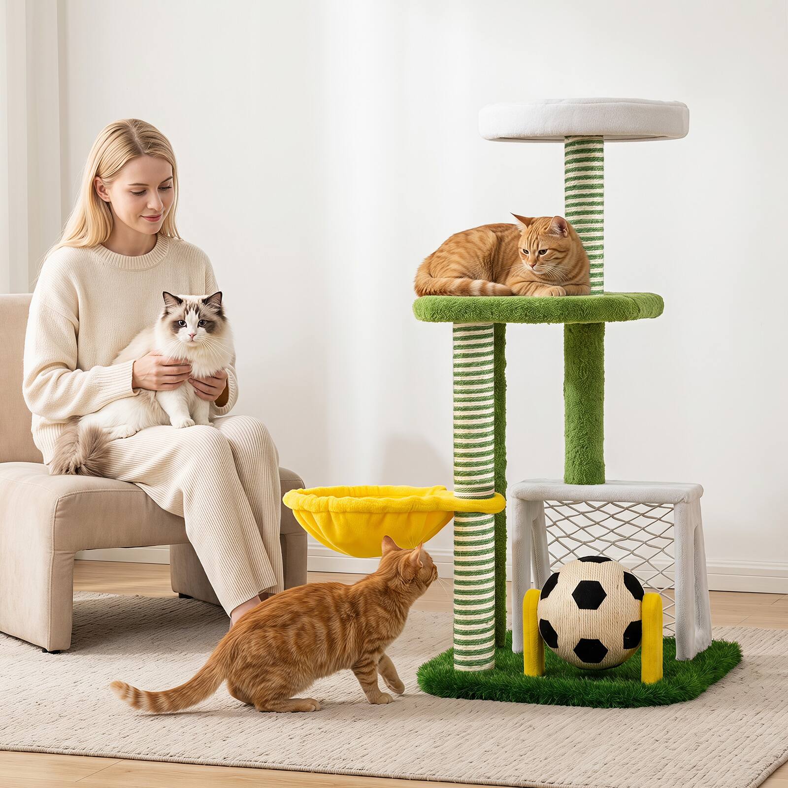Alt View 1. Gymax - Gymax Modern Cat Tree Cat Tower w/Perches Hammock Sisal Scratching Post Soccer Ball Green & Yellow & White - Green.