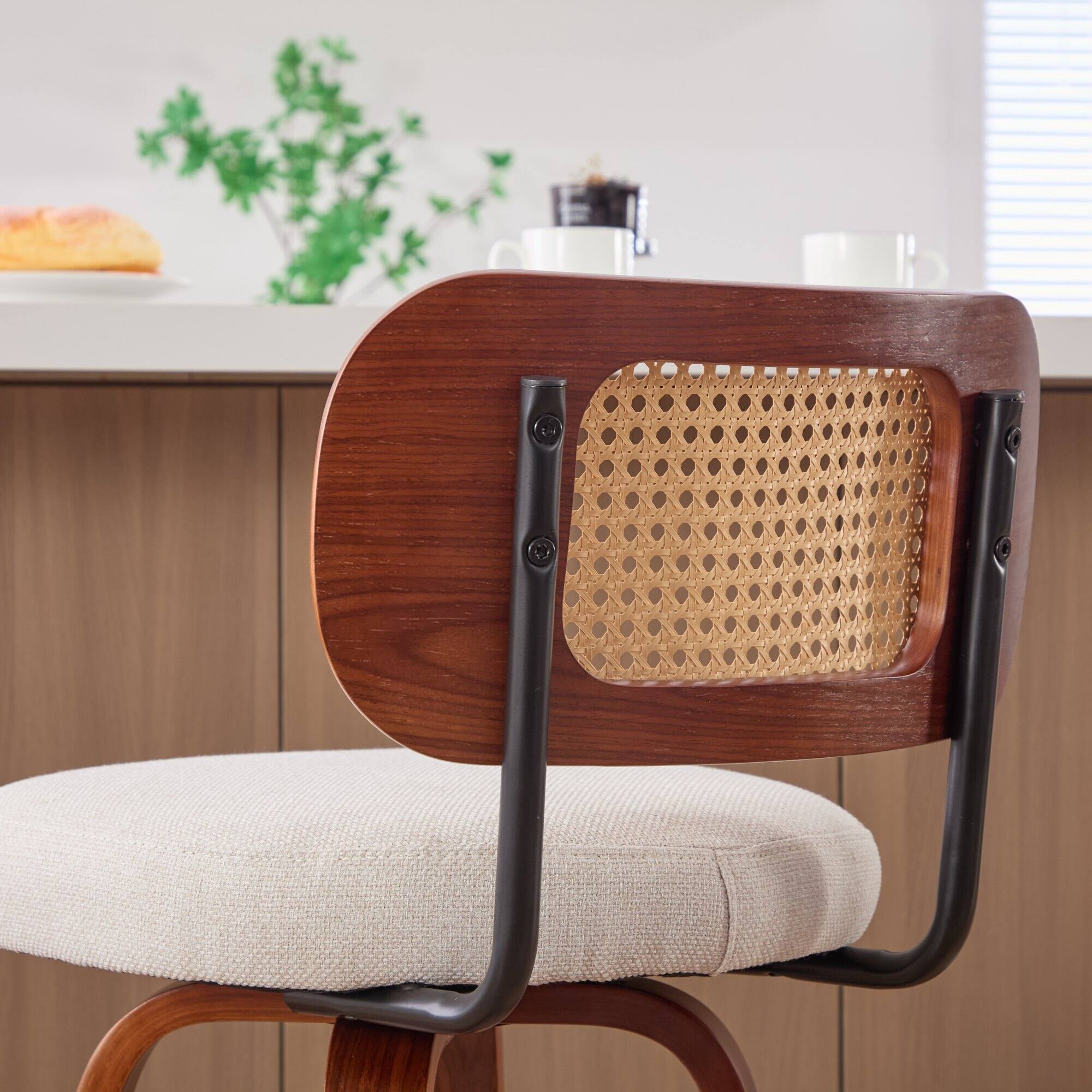 Alt View 4. PexFix - Farmhouse Walnut Counter Stools, Set of 3, Cane Rattan Back, Upholstered Seat, Swivel for Kitchen Island, Home Bar - Beige.