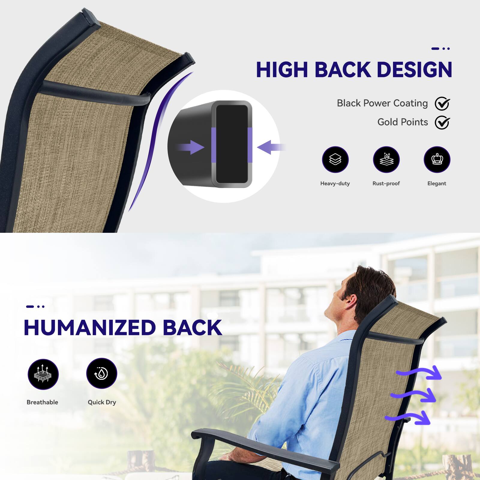 HIGH BACK DESIGN  
- Black Power Coating  
- Gold Points  
- Heavy-duty  
- Rust-proof  
- Elegant  

HUMANIZED BACK  
- Breathable  
- Quick Dry