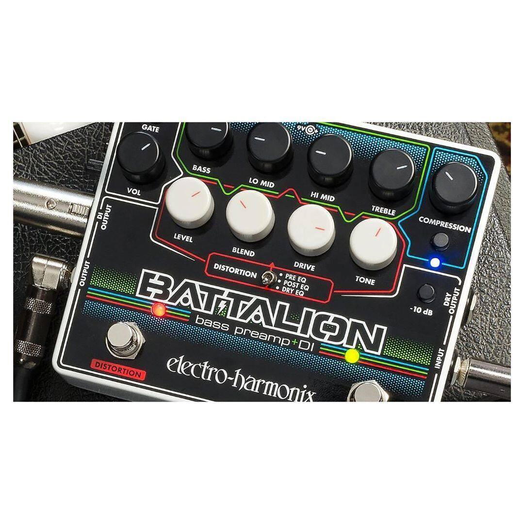 GATE  
BASS  
LO MID  
VOL  
HI MID  
TREBLE  
OUTPUT  
COMPRESSION  
LEVEL  
BLEND  
DISTORTION  
DRIVE  
OUTPUT  
POST  
PRE EQ  
EQ  
TONE  
DRY  
EQ  
DRY OUTPUT  
BATTALION  
-10 dB  
bass preamp DI  
DISTORTION INPUT  
electro-harmonix