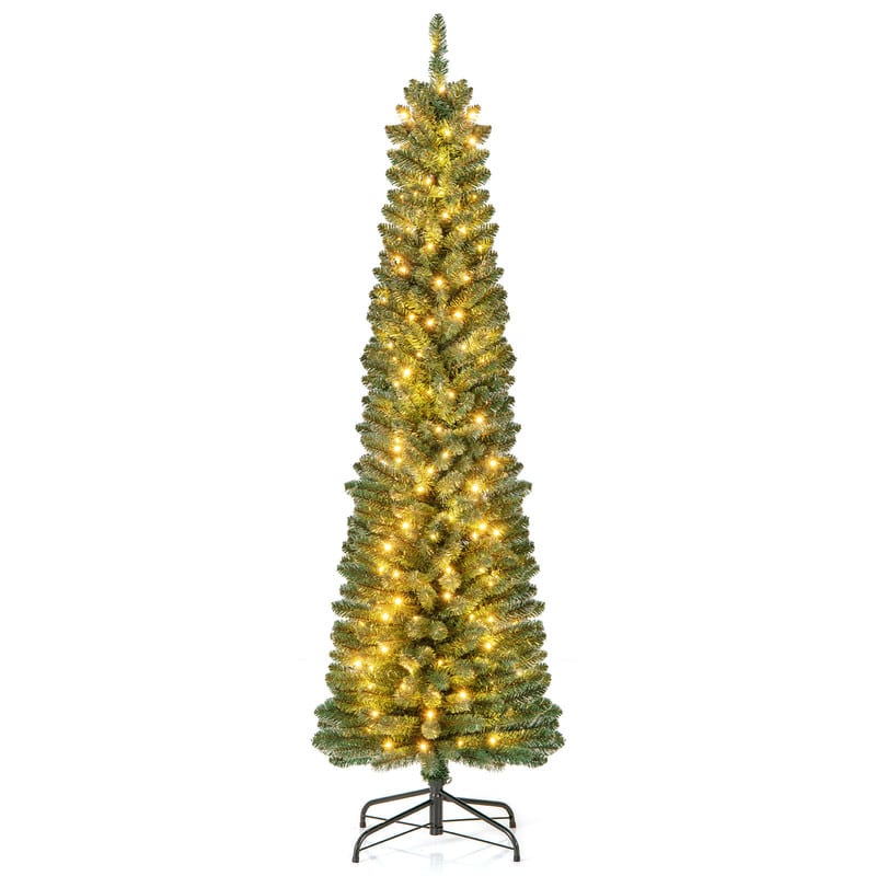 WELLFOR - 6 ft Pencil Slim Artificial Christmas Tree with Warm‑White Lights,392 Full PVC Branch Tips, Perfect‑Choice Decoration - Green
