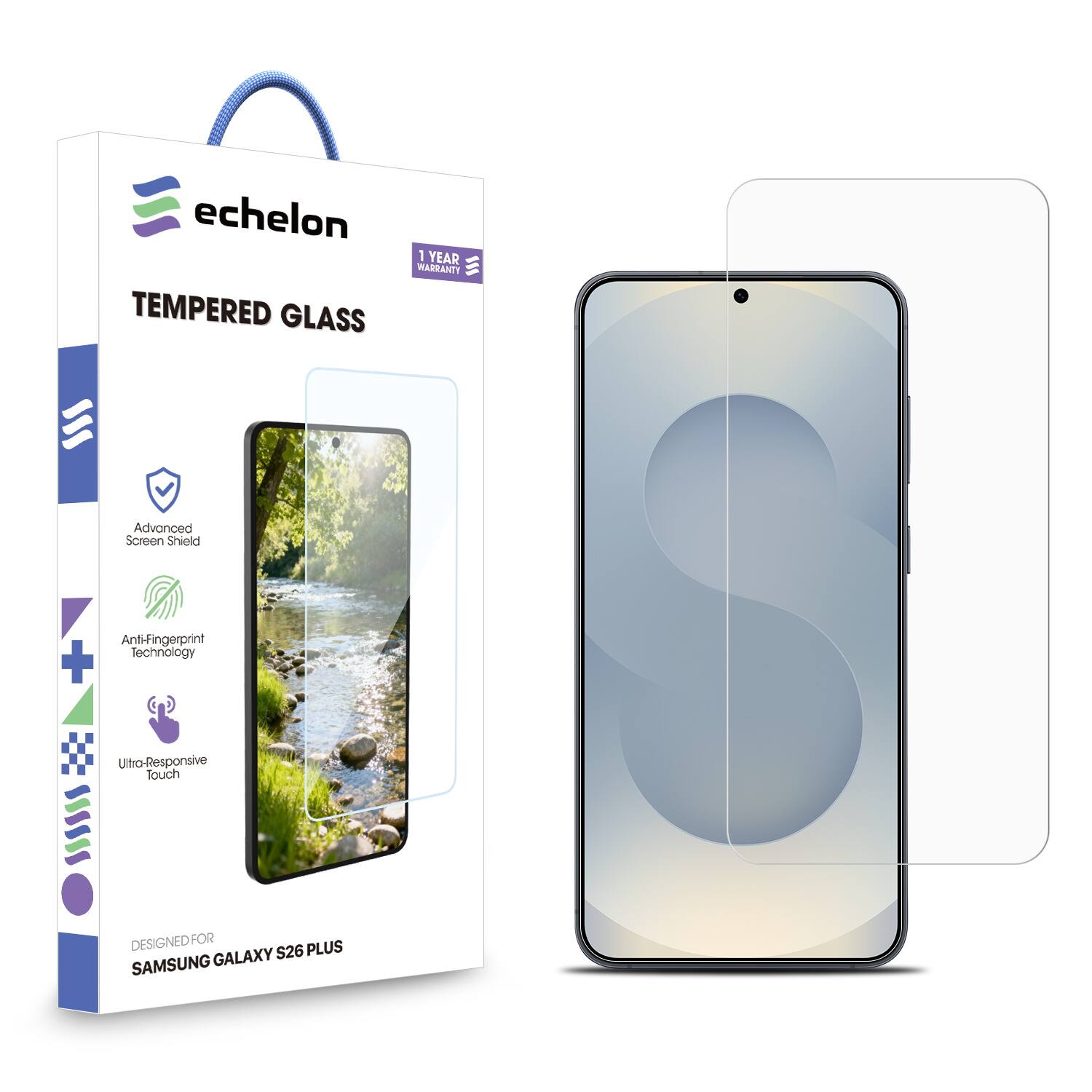 echelon TEMPERED GLASS Advanced Screen Shield Anti-fingerprint Technology + Ultra-Responsive Touch DESIGNED FOR SAMSUNG GALAXY S26 PLUS 1 YEAR WARRANTY
