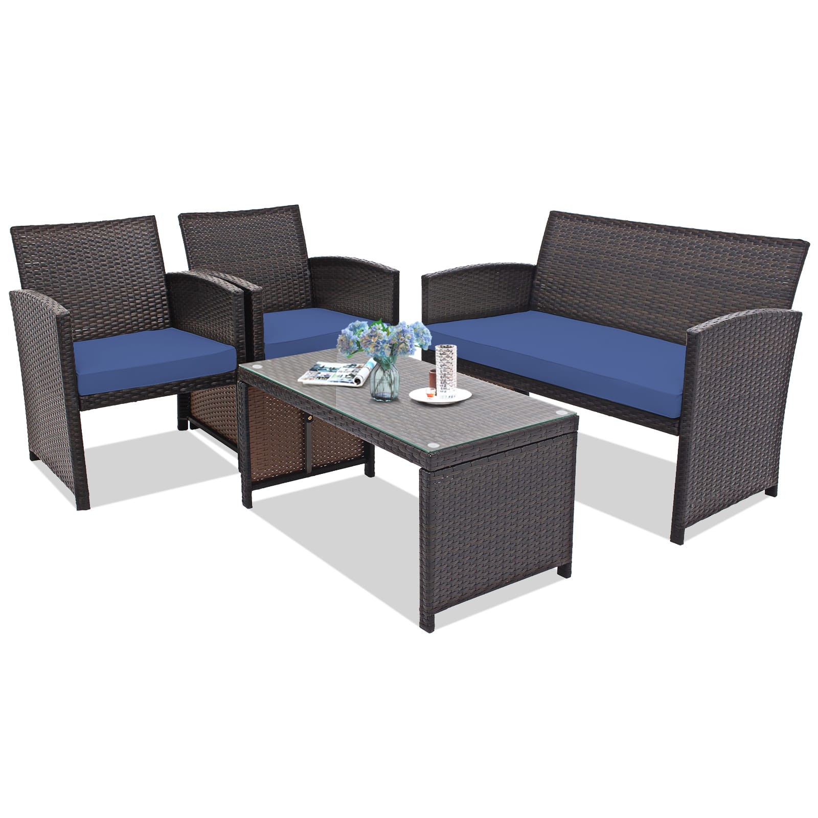 Gymax - 4PCS Patio Conversation Set Outdoor Rattan Furniture Set w/ Cushions - Navy price history on PriceWatchPro