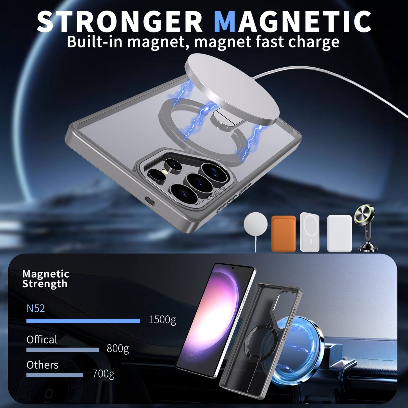 STRONGER MAGNETIC  
Built-in magnet, magnet fast charge

Magnetic Strength  
N52: 1500g  
Official: 800g  
Others: 700g