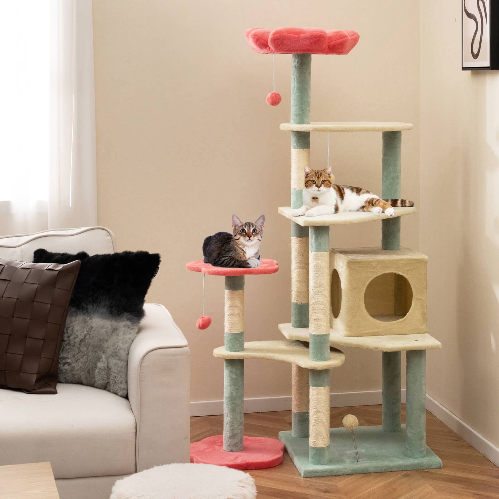 Alt View 4. Costway - Costway 61" Tall Cat Tree Multi-Level Aesthetic Floral Kitten Tower Indoor Cat Climbing Stand Activity Center - Beige,Blue,Red.