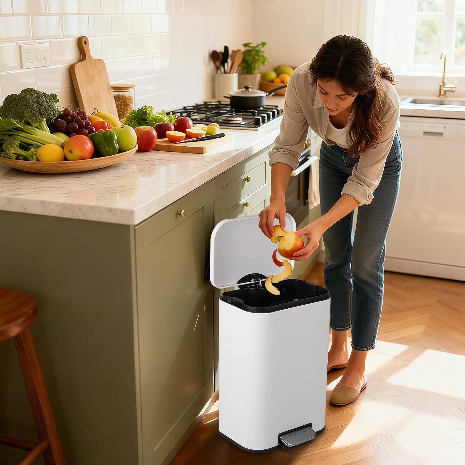 Alt View 2. Acekool - 13.2 Gallon White Fingerprint-Proof Stainless Steel Trash Can with Soft-Close Lid, Foot Pedal & Removable Bucket - White.