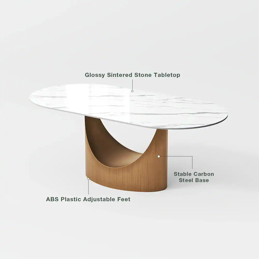Glossy Sintered Stone Tabletop  
Stable Carbon Steel Base  
ABS Plastic Adjustable Feet