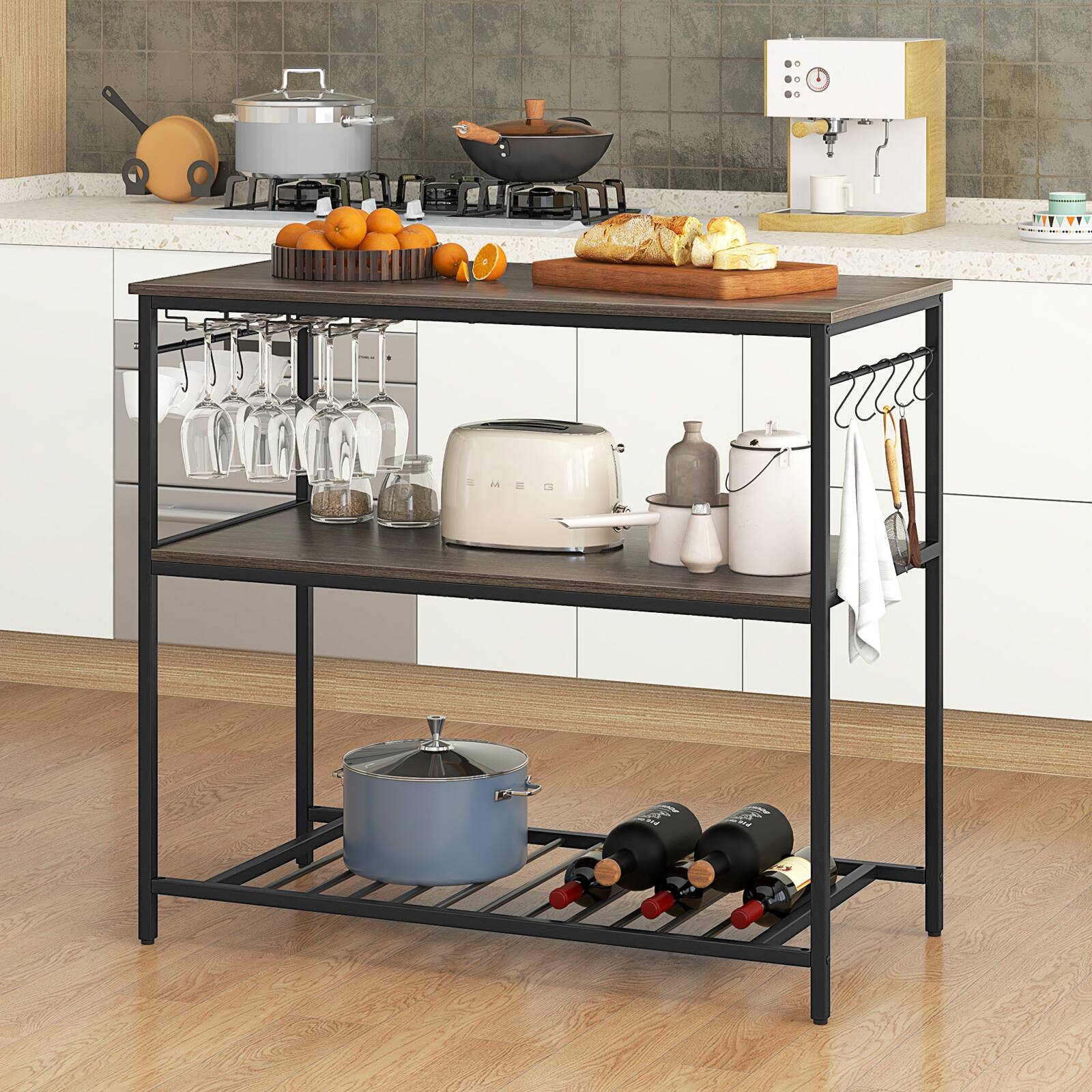 Angle. SlickBlue - Kitchen Island Cart with 3 Shelves, Glass Holders and 10 Hanging Hooks - Grey.