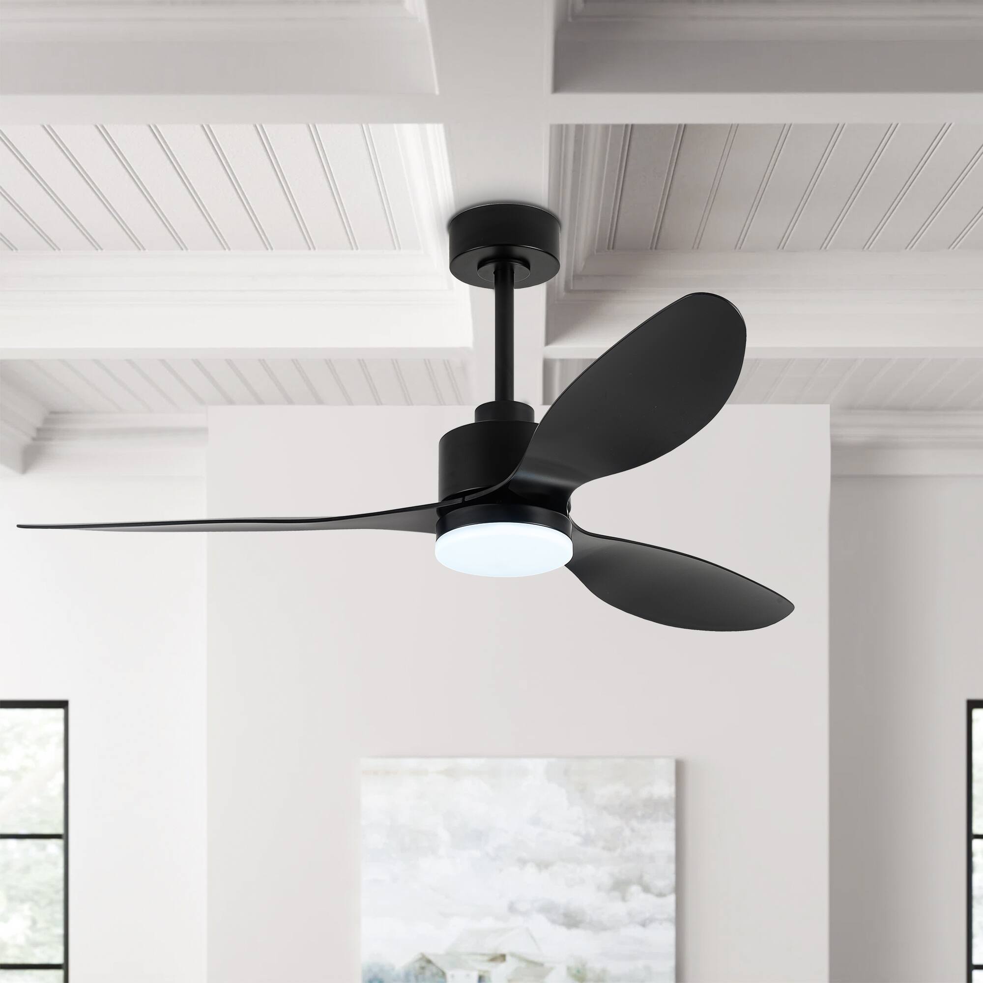 Alt View 8. Breezary - 52" Indoor Ceiling Fan, 3 ABS Blades, 6-Speed DC Motor, Remote Control, Memory/Timer, 3-Color LED Light, 5"/10" Downrods - Matte Black.