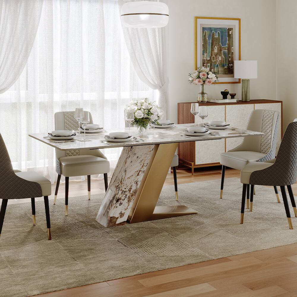 Left. POVISON - 71"Modern Luxury Glossy Gold Sintered Stone Rectangular Dining Table for 4-6, White & Gold Z-shaped Stainless Steel Base - Pandora & Gold.