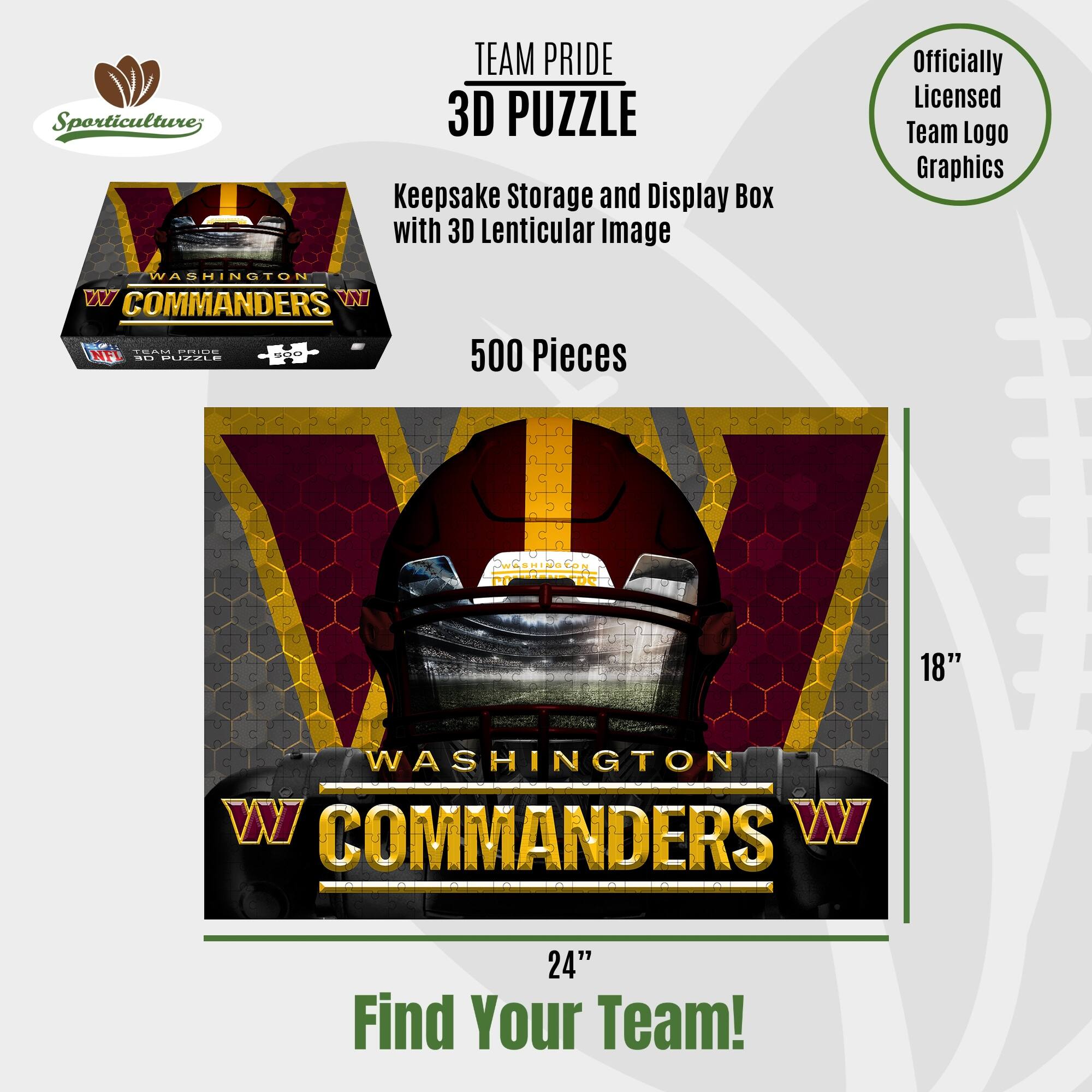 Sporticulture TEAM PRIDE 3D PUZZLE Keepsake Storage and Display Box with 3D Lenticular Image Officially Licensed Team Logo Graphics WASHINGTON COMMANDERS 500 Pieces 18" WASHINGTON COMMANDERS 24" Find Your Team!