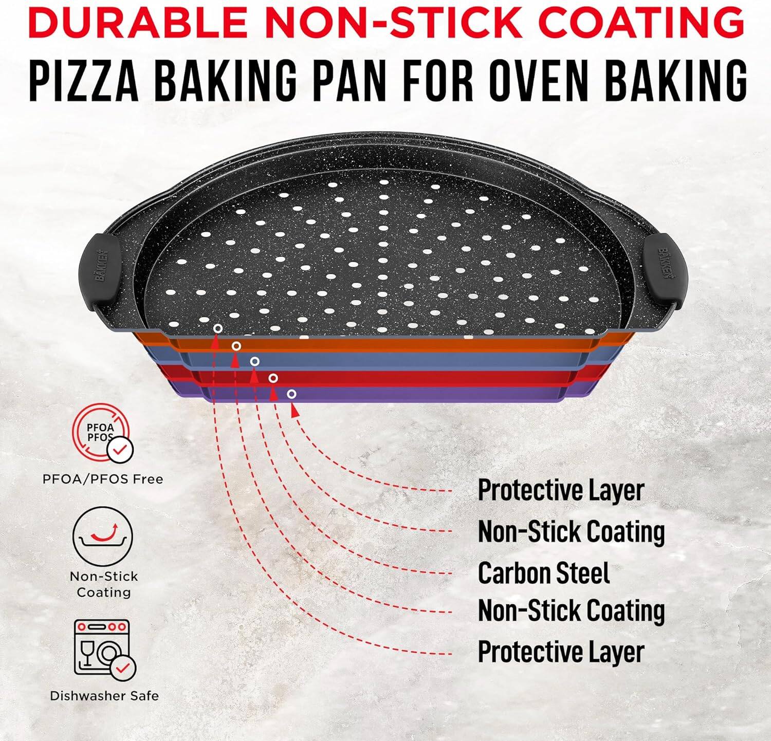 DURABLE NON-STICK COATING PIZZA BAKING PAN FOR OVEN BAKING

PFOA/PFOS Free
Non-Stick Coating
Protective Layer
Non-Stick Coating
Carbon Steel
Non-Stick Coating
Protective Layer
Dishwasher Safe