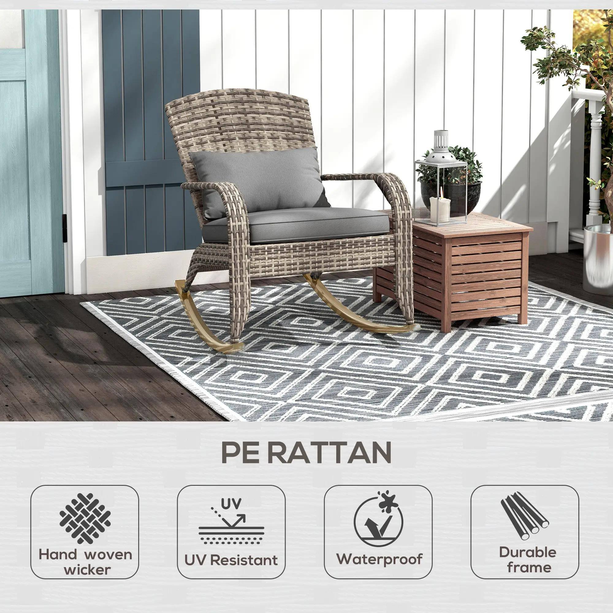 PE RATTAN  
Hand woven wicker  
UV Resistant  
Waterproof  
Durable frame