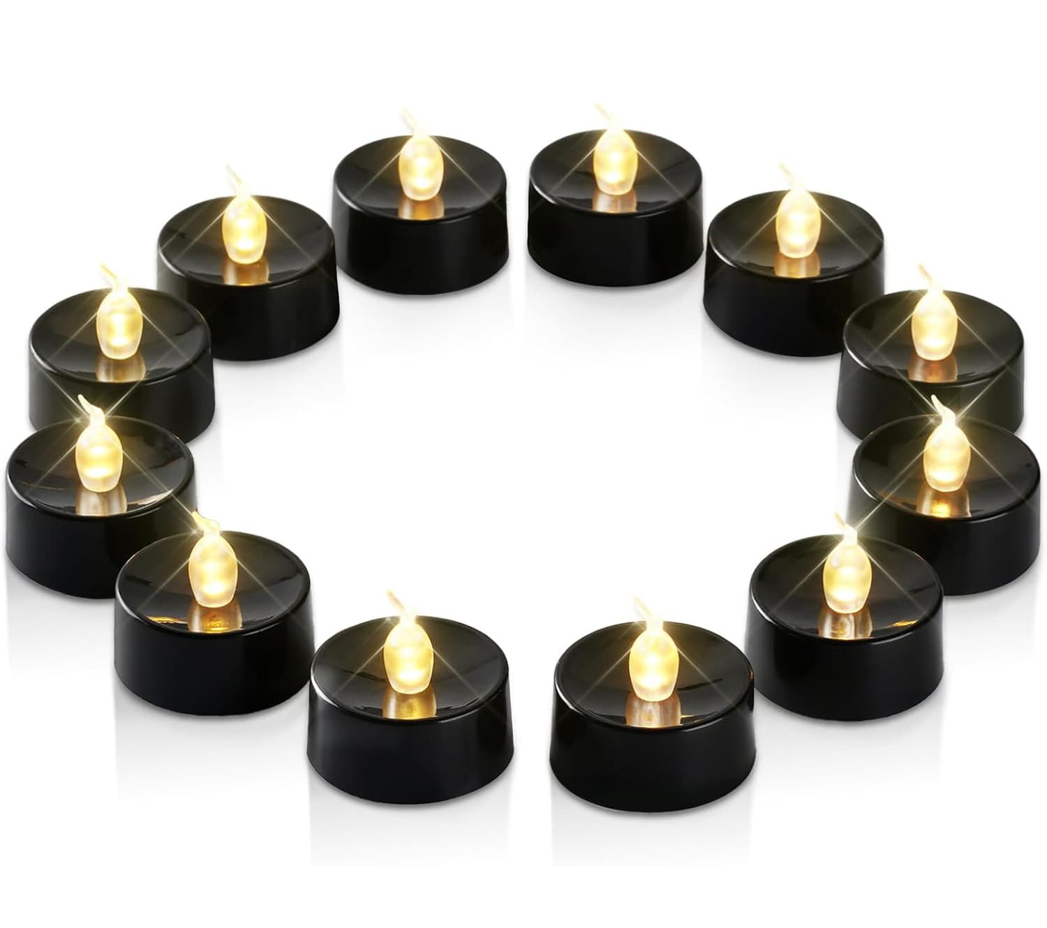 Front. FINEAK - 24 Pack Black LED Flameless Tea Light Votives - Battery Operated, 1.4" D x 1.3" H, for Fall Holiday & Theme Party Decor - Black.
