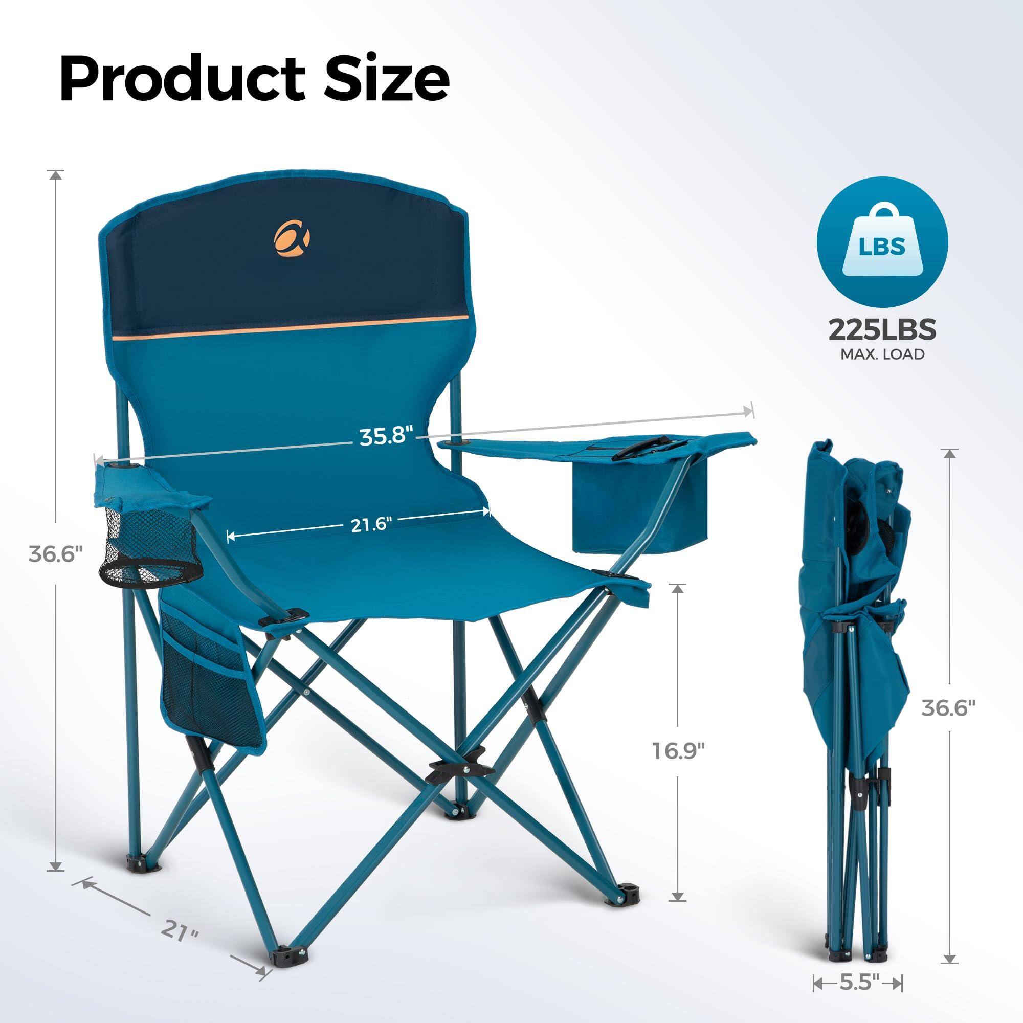 Product Size

- Width: 35.8"
- Depth: 21.6"
- Height: 36.6"
- Seat Height: 16.9"
- Folded Height: 21"
- Folded Width: 5.5"

Max Load: 225 LBS