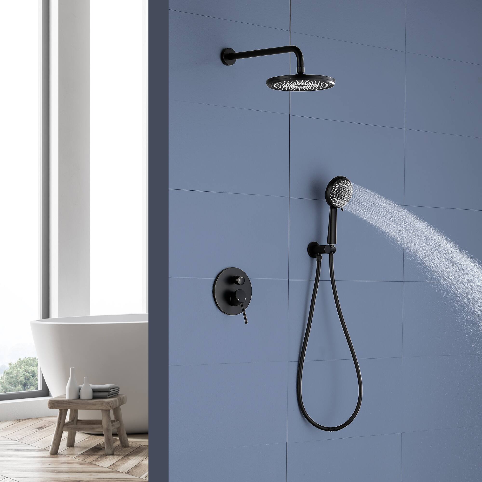 Alt View 1. Boyel Living - Matte Black 9-Inch Rain Shower System Brass ABS 2-Function Valve 6-Function Handheld cUPC - Black.
