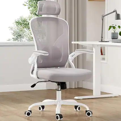 Front. Petrimins - Ergonomic Office Chair with 3-Layered Lumbar Support, Adjustable Headrest, Reclining Desk Chair with Flip-Up Armrests - White & Gray.
