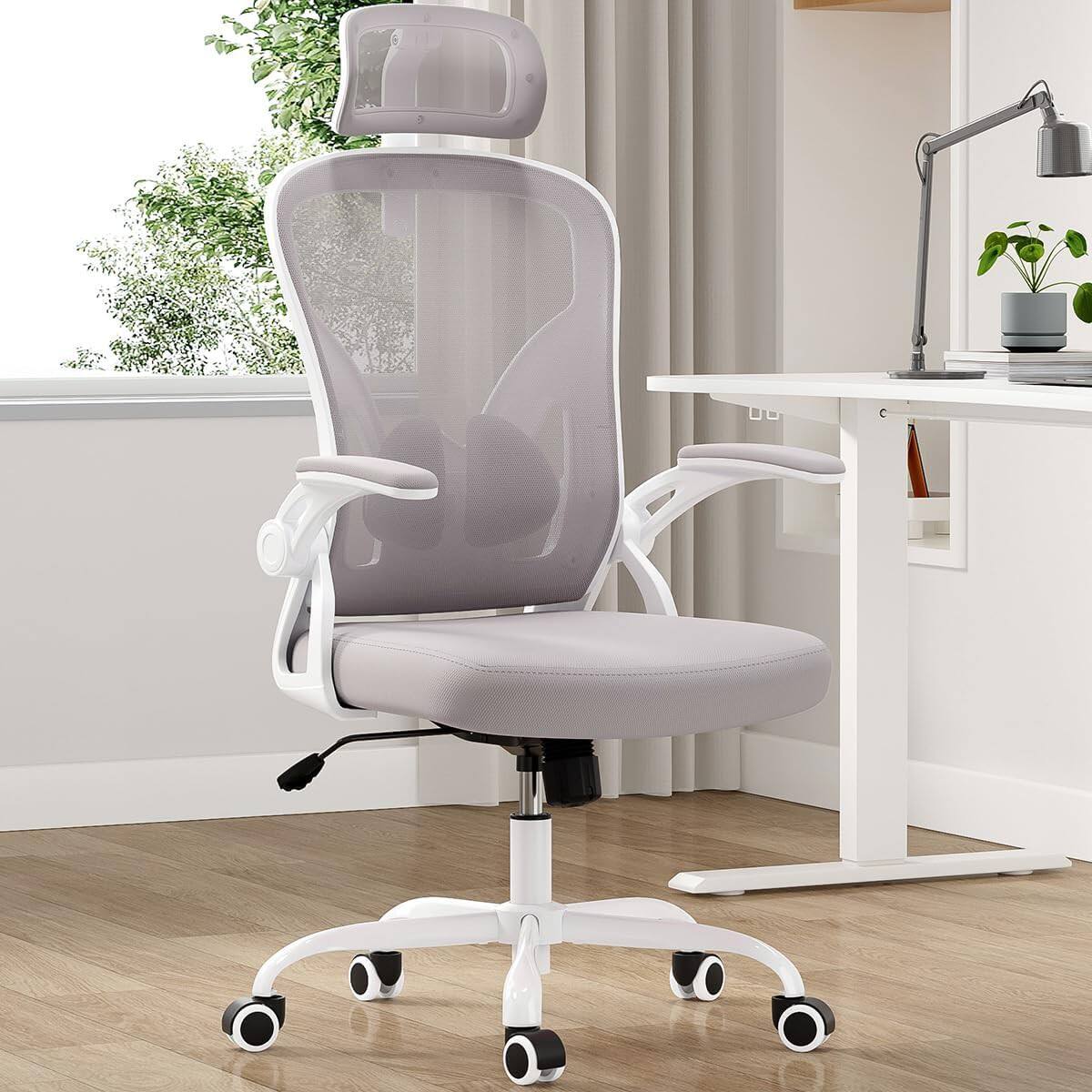 Petrimins - Ergonomic Office Chair with 3-Layered Lumbar Support, Adjustable Headrest, Reclining Desk Chair with Flip-Up Armrests - White & Gray