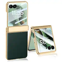 Dteck - For Motorola Razr 2026/2025/2024 Case with Built-in Screen Protector Hinge Protection Slim Plating Edge Leather Cover - Darkgreen
