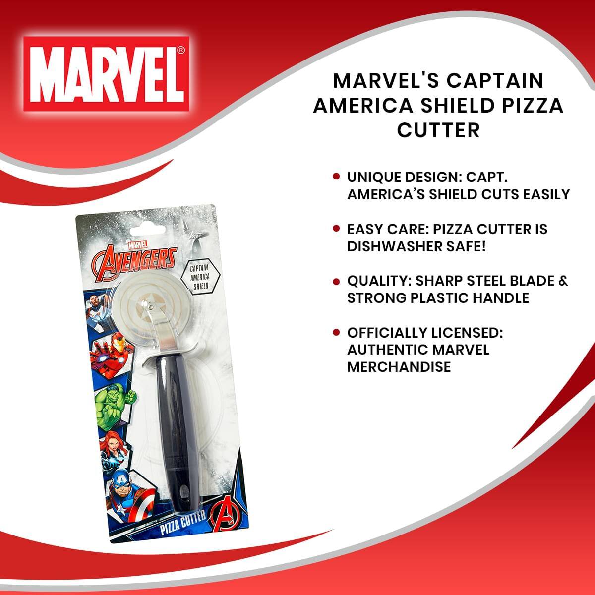 - MARVEL MARVEL'S CAPTAIN AMERICA SHIELD PIZZA CUTTER UNIQUE DESIGN: CAPT. AMERICA'S SHIELD CUTS EASILY MARVEL AVENGERS CAPTAIN AMERICA SHIELD EASY CARE: PIZZA CUTTER IS DISHWASHER SAFE! QUALITY: SHARP STEEL BLADE & STRONG PLASTIC HANDLE OFFICIALLY LICENSED: AUTHENTIC MARVEL MERCHANDISE PIZZA CUTTER