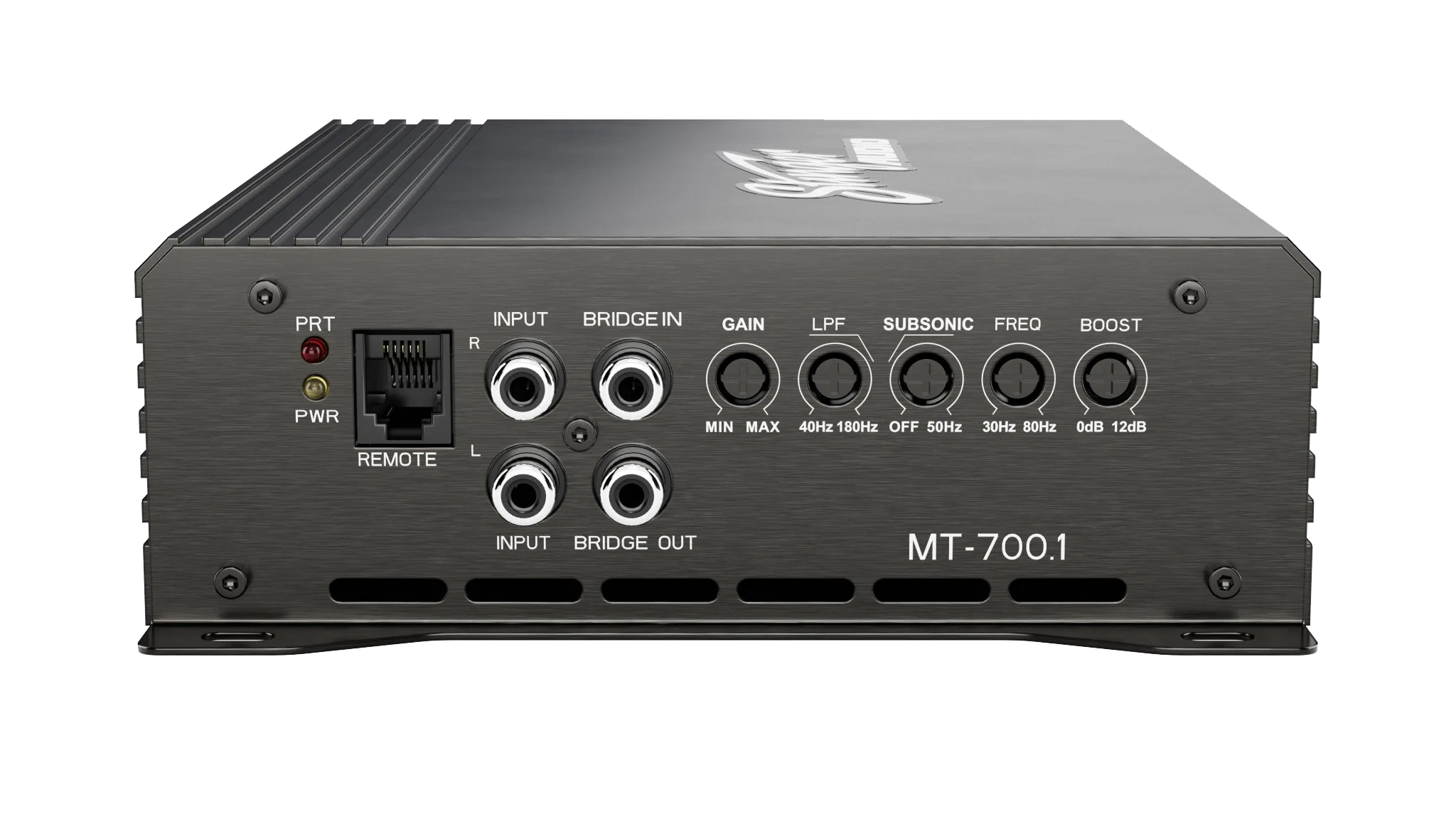 H PWR 4 INPUT BRIDGE IN GAIN R LPF SUBSONIC FREQ BOOST PWR REMOTE L MIN MAX 40Hz 180Hz OFF 50Hz 30Hz 80Hz 0dB 12dB INPUT BRIDGE OUT MT-700.1