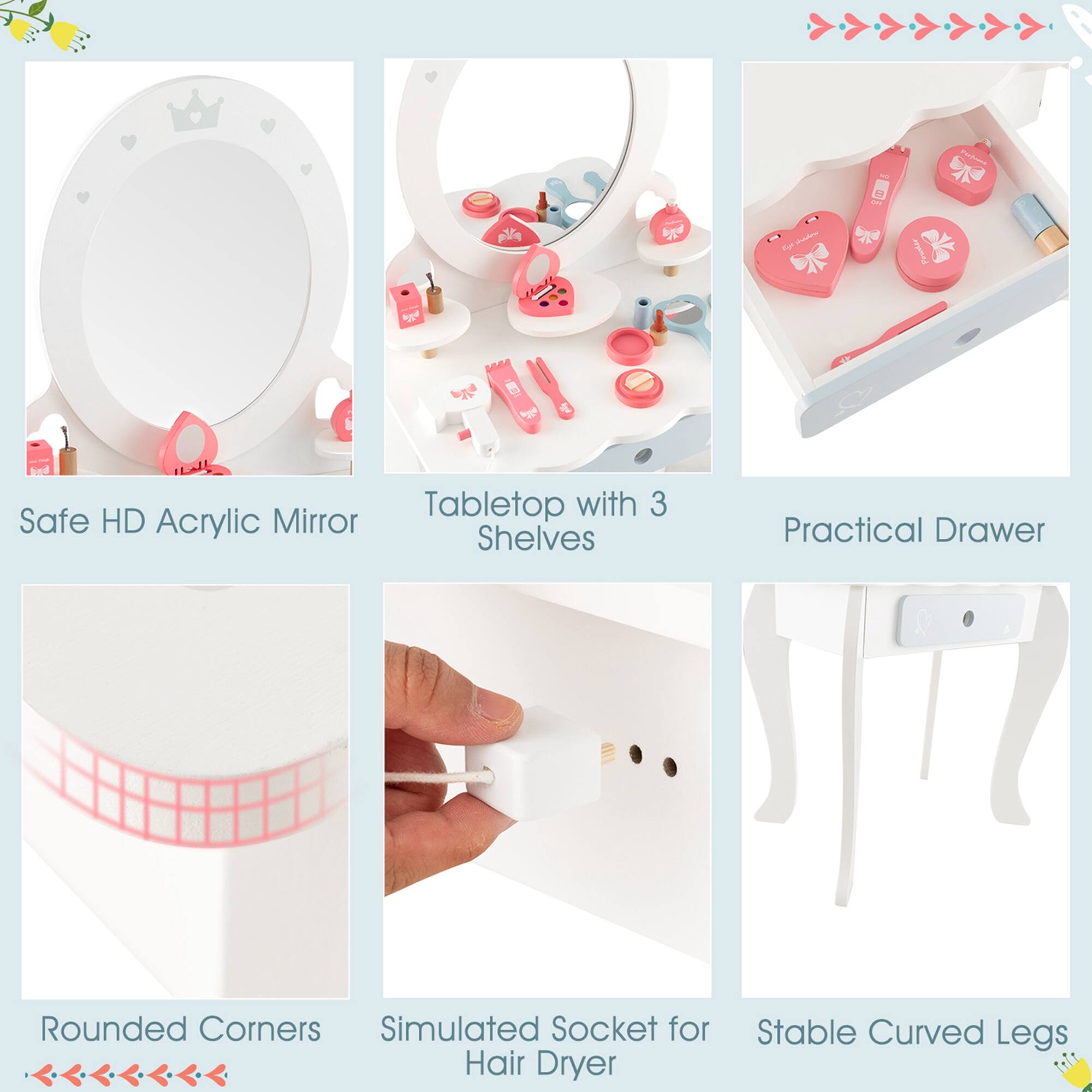 Here is the corrected and grouped text from the image:

- Safe HD Acrylic Mirror
- Tabletop with 3 Shelves
- Practical Drawer
- Rounded Corners
- Simulated Socket for Hair Dryer
- Stable Curved Legs
