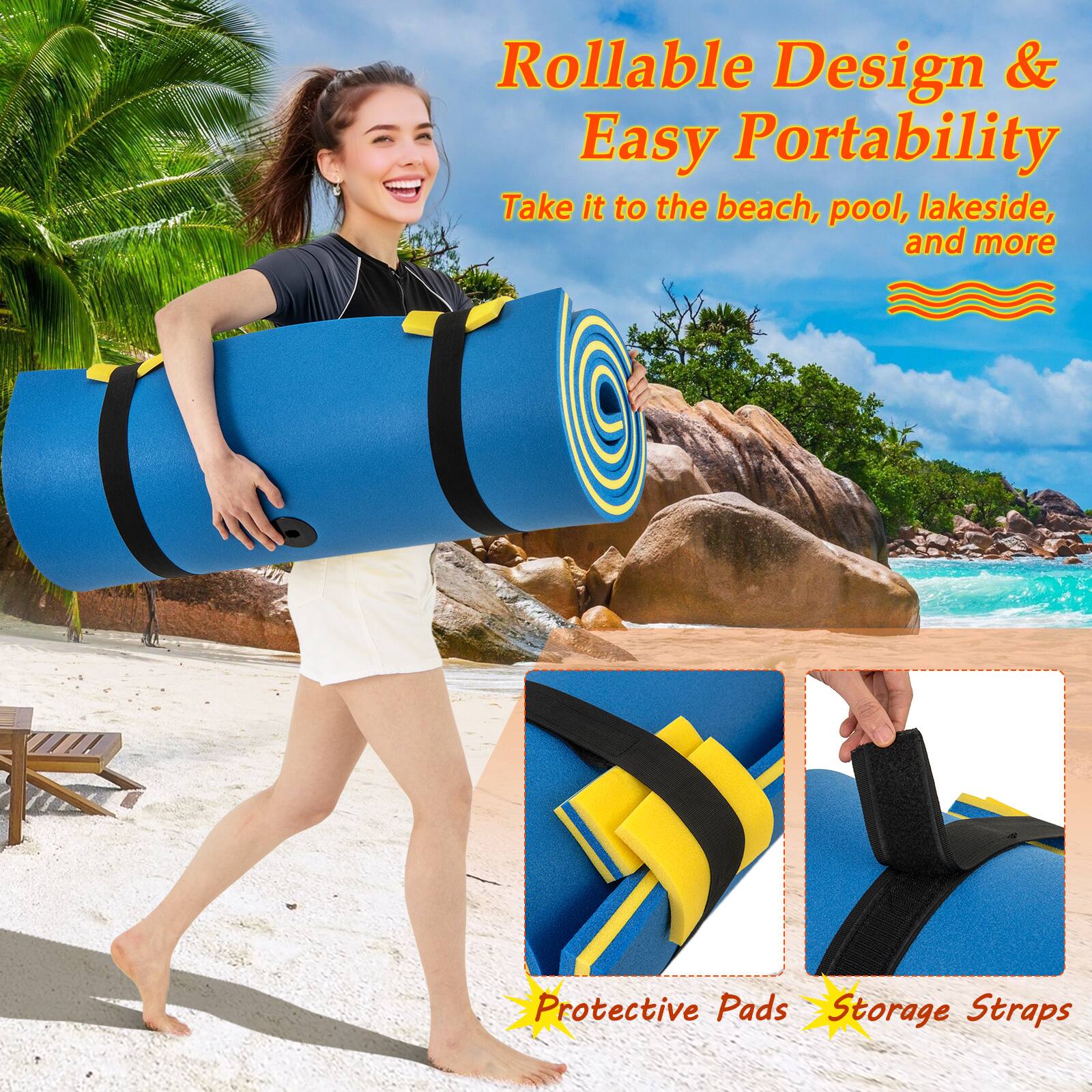 Rollable Design & Easy Portability  
Take it to the beach, pool, lakeside, and more  

Protective Pads  
Storage Straps