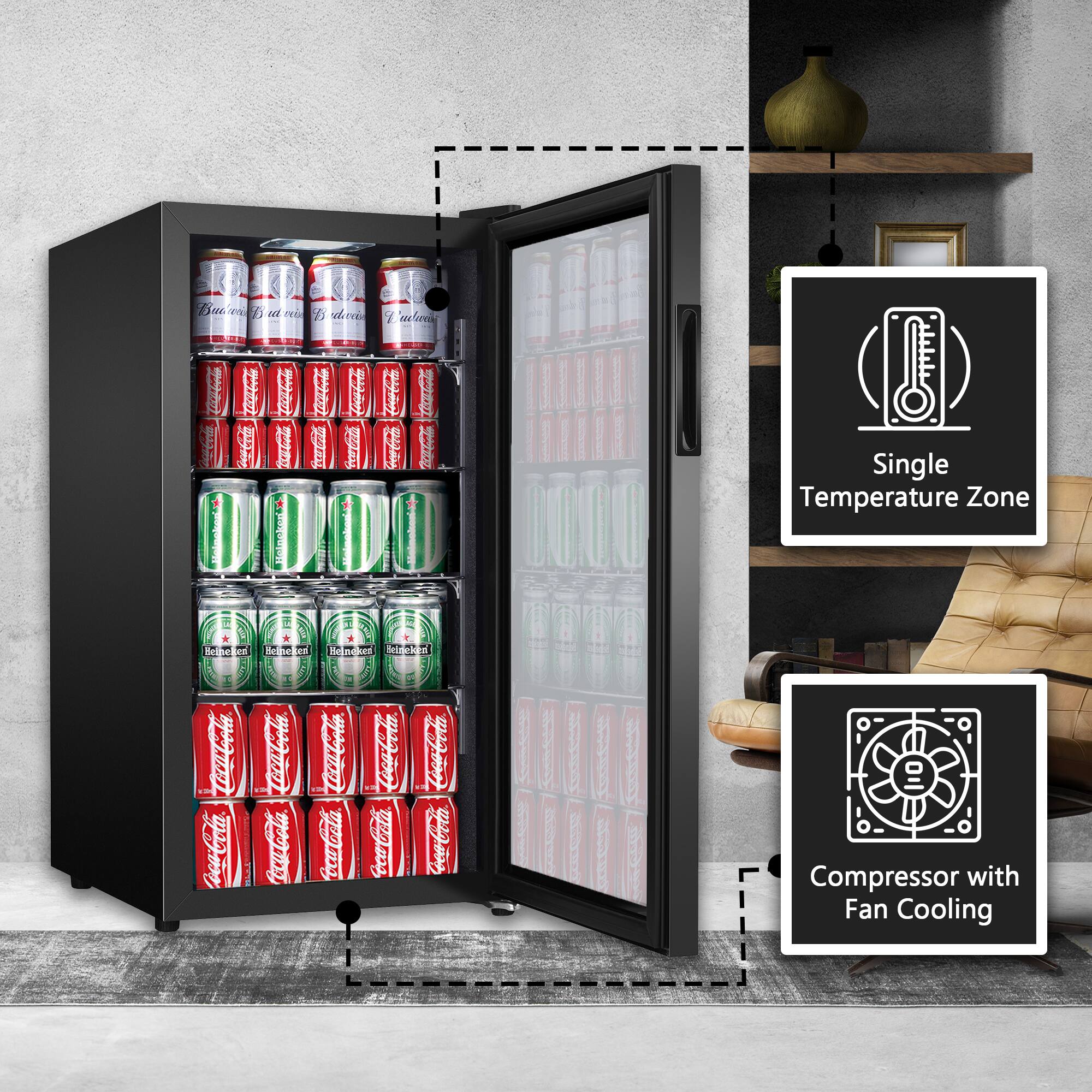 - Single Temperature Zone
- Compressor with Fan Cooling