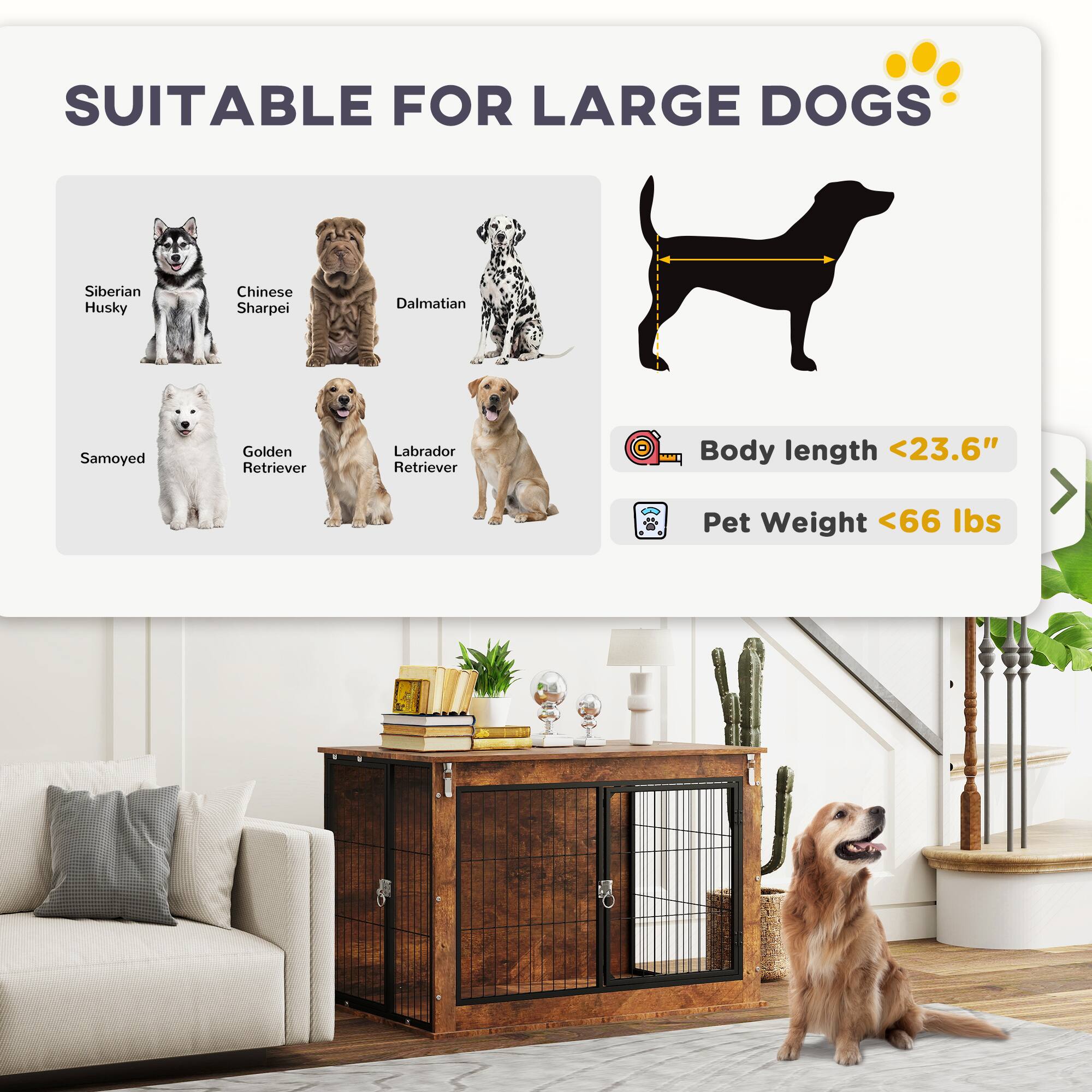 SUITABLE FOR LARGE DOGS

- Siberian Husky
- Chinese Sharpei
- Dalmatian
- Samoyed
- Golden Retriever
- Labrador Retriever

Body length <23.6"
Pet Weight <66 lbs
