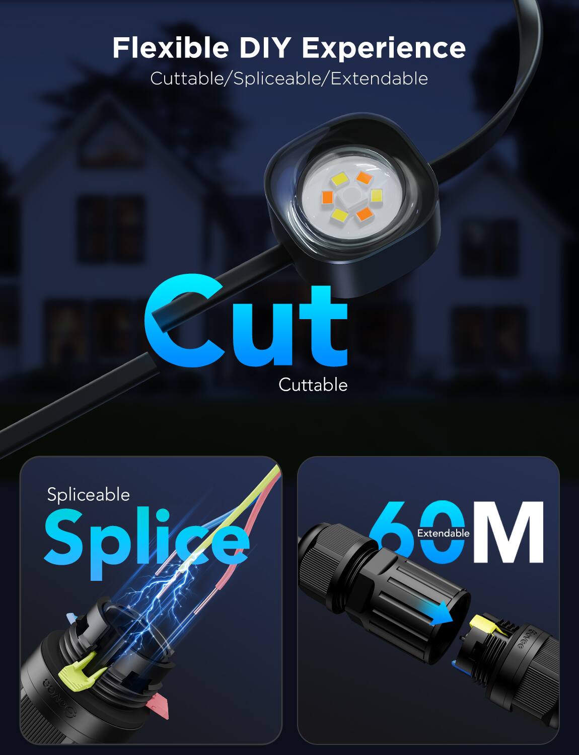 Flexible DIY Experience  
Cutttable/Splieable/Extendable  

Cut  
Cutttable  

Splice  
Splieable  

60M  
Extendable