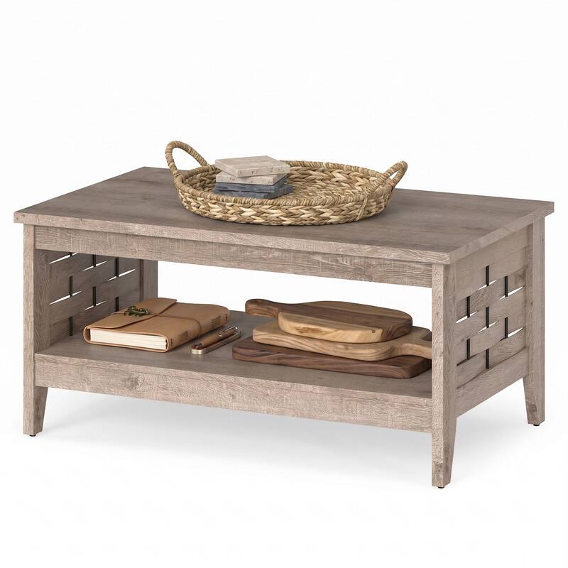 Left. WELLFOR - 2-Tier Farmhouse Coffee Table with Open Shelf, Rectangular Center Table for Living Room - Oak.