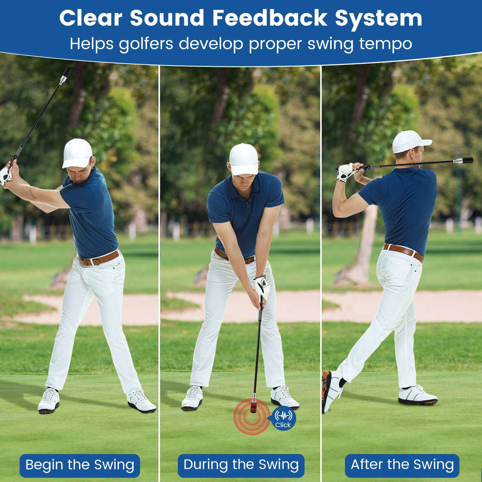 Clear Sound Feedback System  
Helps golfers develop proper swing tempo

- Begin the Swing
- During the Swing
- After the Swing