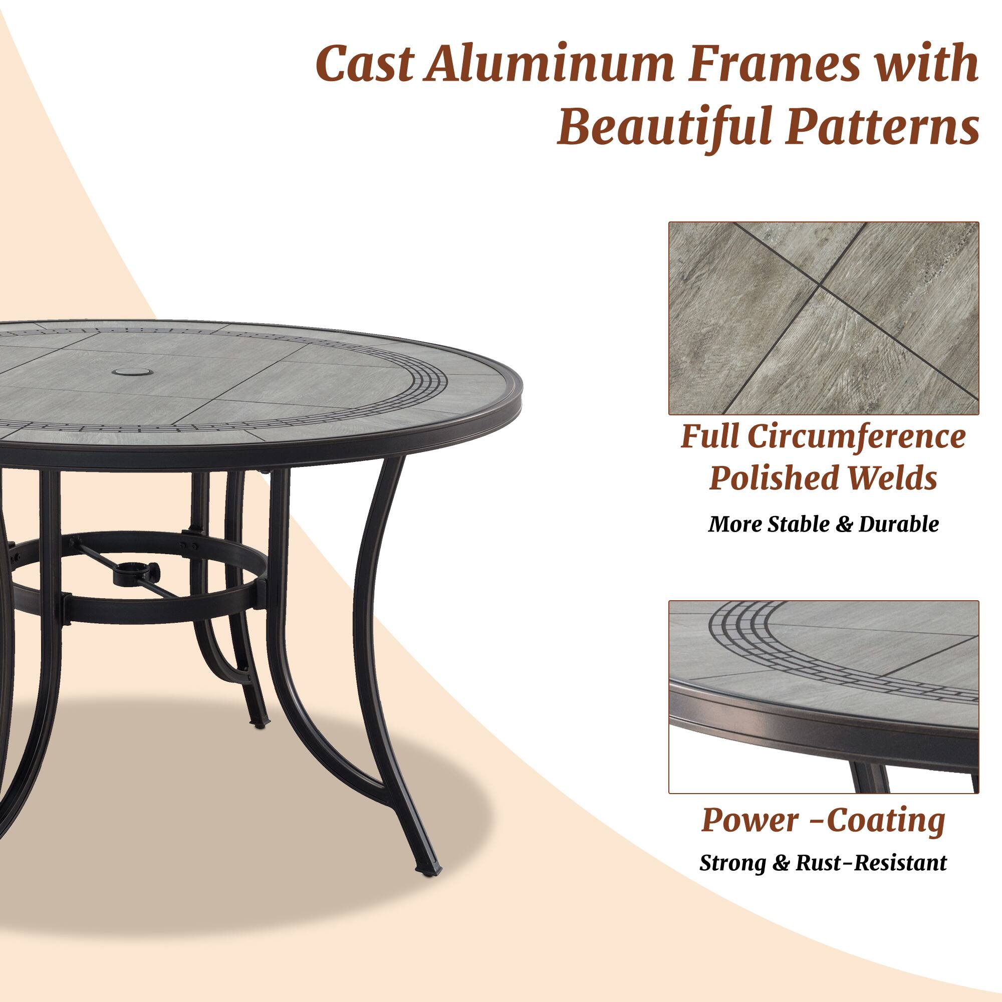 Cast Aluminum Frames with Beautiful Patterns  
Full Circumference Polished Welds  
More Stable & Durable  
Power -Coating  
Strong & Rust-Resistant