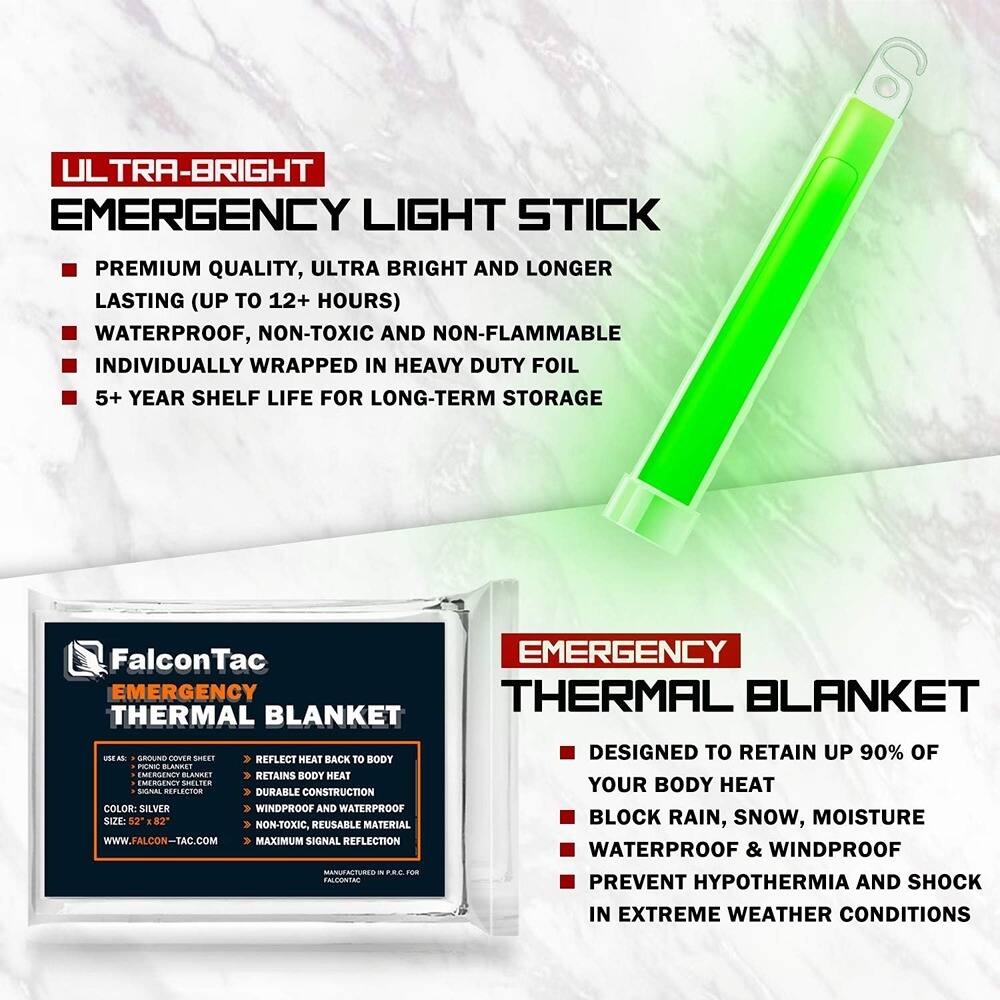 **ULTRA-BRIGHT EMERGENCY LIGHT STICK**

- PREMIUM QUALITY, ULTRA BRIGHT AND LONGER LASTING (UP TO 12+ HOURS)
- WATERPROOF, NON-TOXIC AND NON-FLAMMABLE
- INDIVIDUALLY WRAPPED IN HEAVY DUTY FOIL
- 5+ YEAR SHELF LIFE FOR LONG-TERM STORAGE

**EMERGENCY THERMAL BLANKET**

- DESIGNED TO RETAIN UP 90% OF YOUR BODY HEAT
- BLOCK RAIN, SNOW, MOISTURE
- WATERPROOF & WINDPROOF
- PREVENT HYPOTHERMIA AND SHOCK IN EXTREME WEATHER CONDITIONS

**FalconTac EMERGENCY THERMAL BLANKET**

- USES: GROUND COVER SHEET, EMERGENCY BLANKET, SIGNAL REFLECTOR
- COLOR: SILVER
- SIZE: 52" x 82"
- WATERPROOF AND WINDPROOF
- NON-TOXIC, REUSABLE MATERIAL
- MAXIMUM SIGNAL REFLECTION
- MANUFACTURED BY FALCONTAC

**WWW.FALCON
