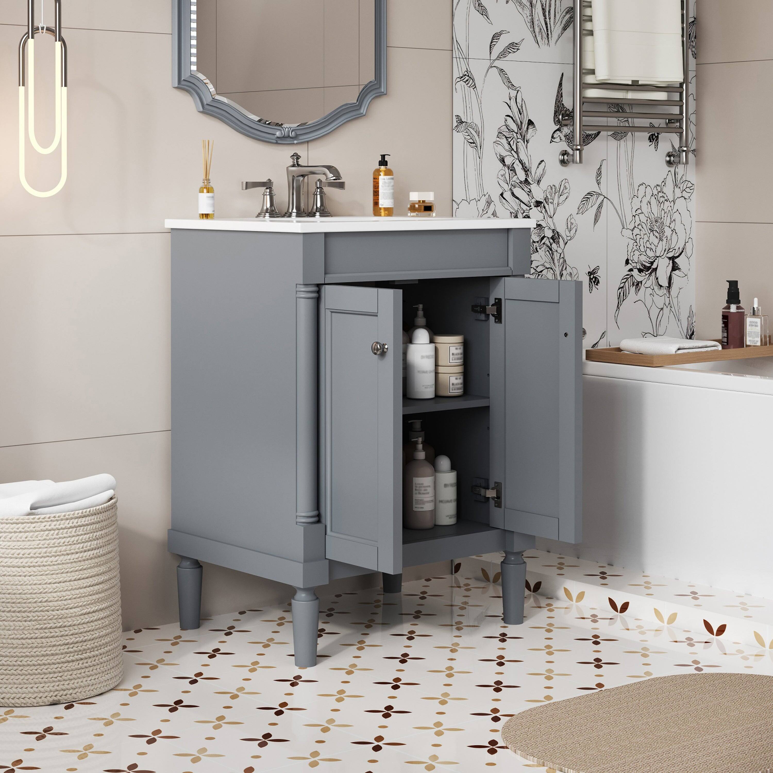 Alt View 5. Boyel Living - 24 Inch Bathroom Vanity Grey with Ceramic Sink Solid Wood Frame Double Door Storage - Gray.