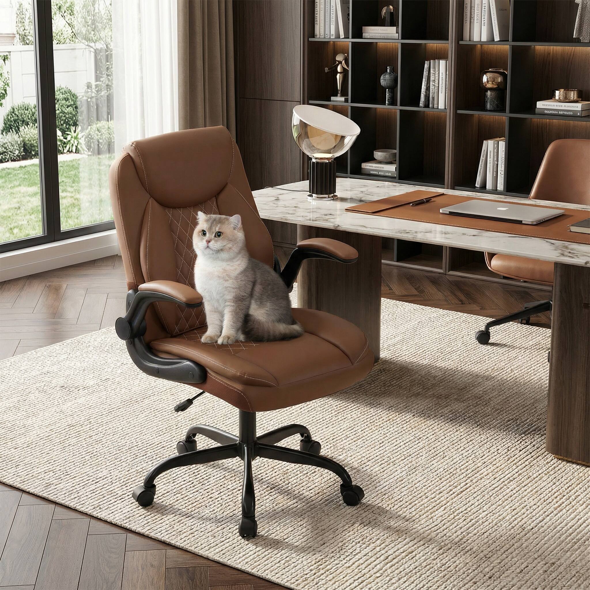 Alt View 5. Forest'nSky - Ergonomic Leather Executive Office Chair - Adjustable Swivel Desk Chair with Flip-Up Armrests & Wheels,Brown - Brown.