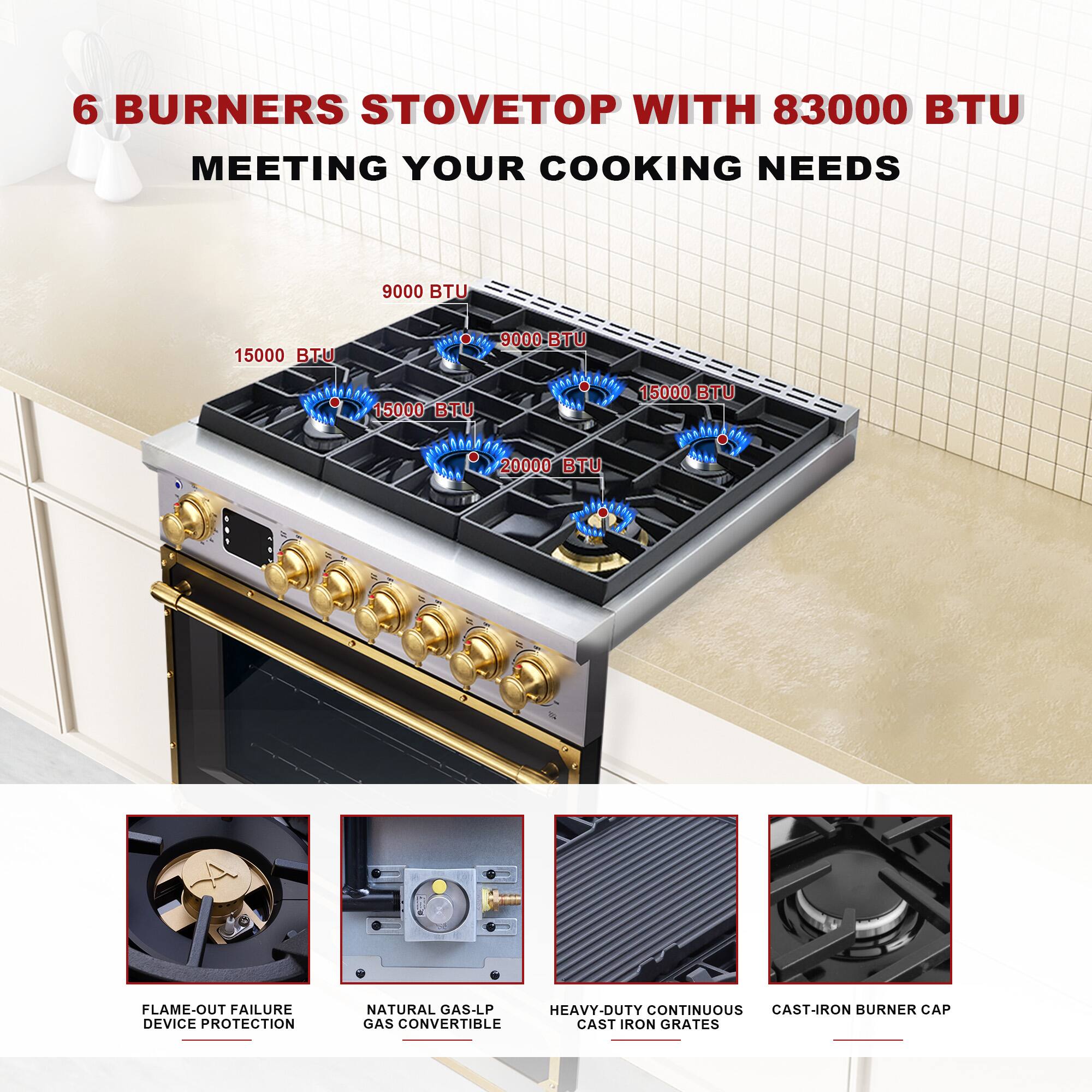 6 Burners Stovetop with 83000 BTU Meeting Your Cooking Needs

- 9000 BTU
- 15000 BTU
- 15000 BTU
- 15000 BTU
- 20000 BTU

Features:
- Flame-Out Failure Device Protection
- Natural Gas-LP Gas Convertible
- Heavy-Duty Continuous Cast-Iron Grates
- Cast-Iron Burner Cap