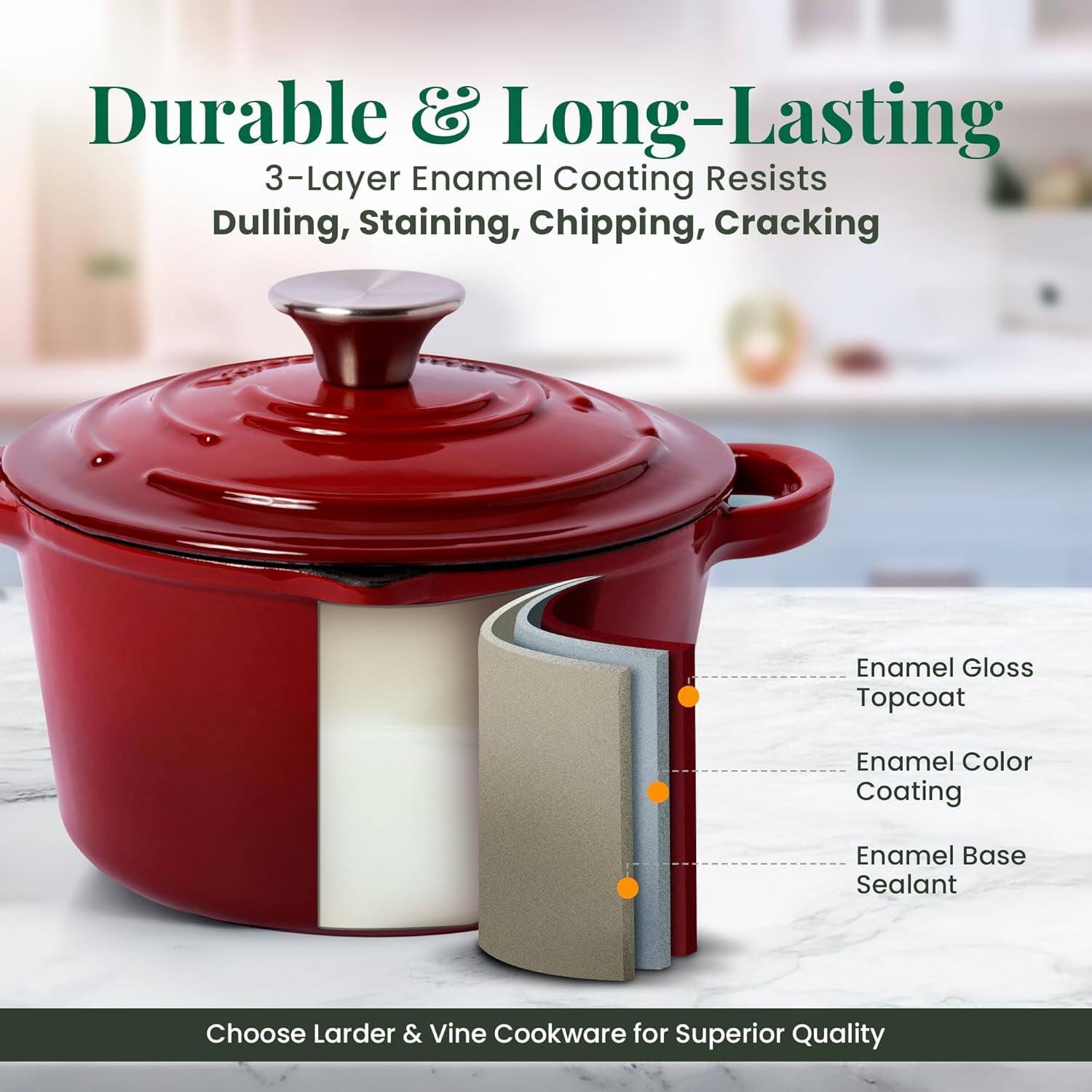 Durable & Long-Lasting  
3-Layer Enamel Coating Resists Dulling, Staining, Chipping, Cracking  
Enamel Gloss Topcoat  
Enamel Color Coating  
Enamel Base Sealant  

Choose Larder & Vine Cookware for Superior Quality