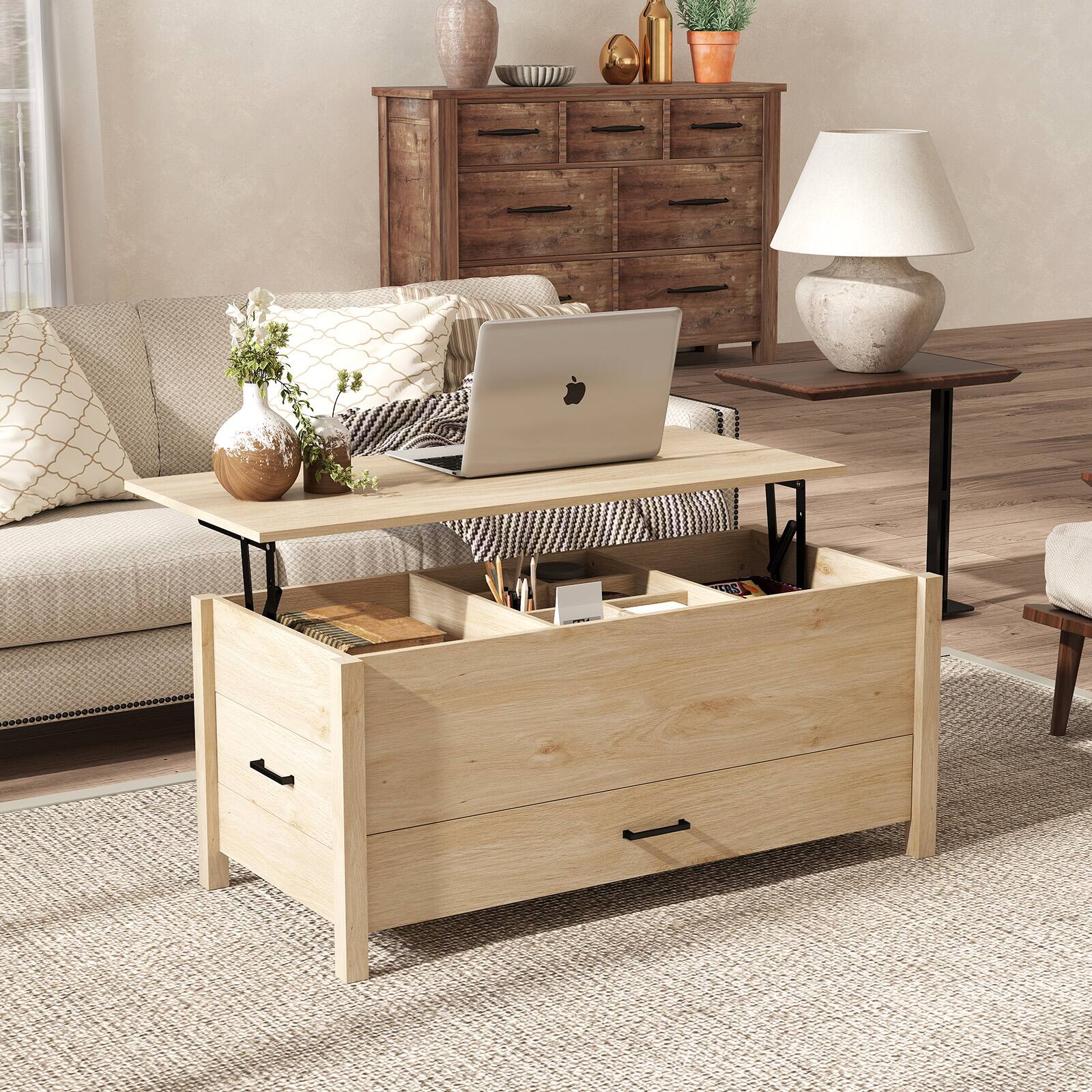 Left. Bestier - Lift-Top Coffee Table with Hidden Storage, 3 Drawers, Spacious Countertop and Sturdy Wood Legs - wooden.