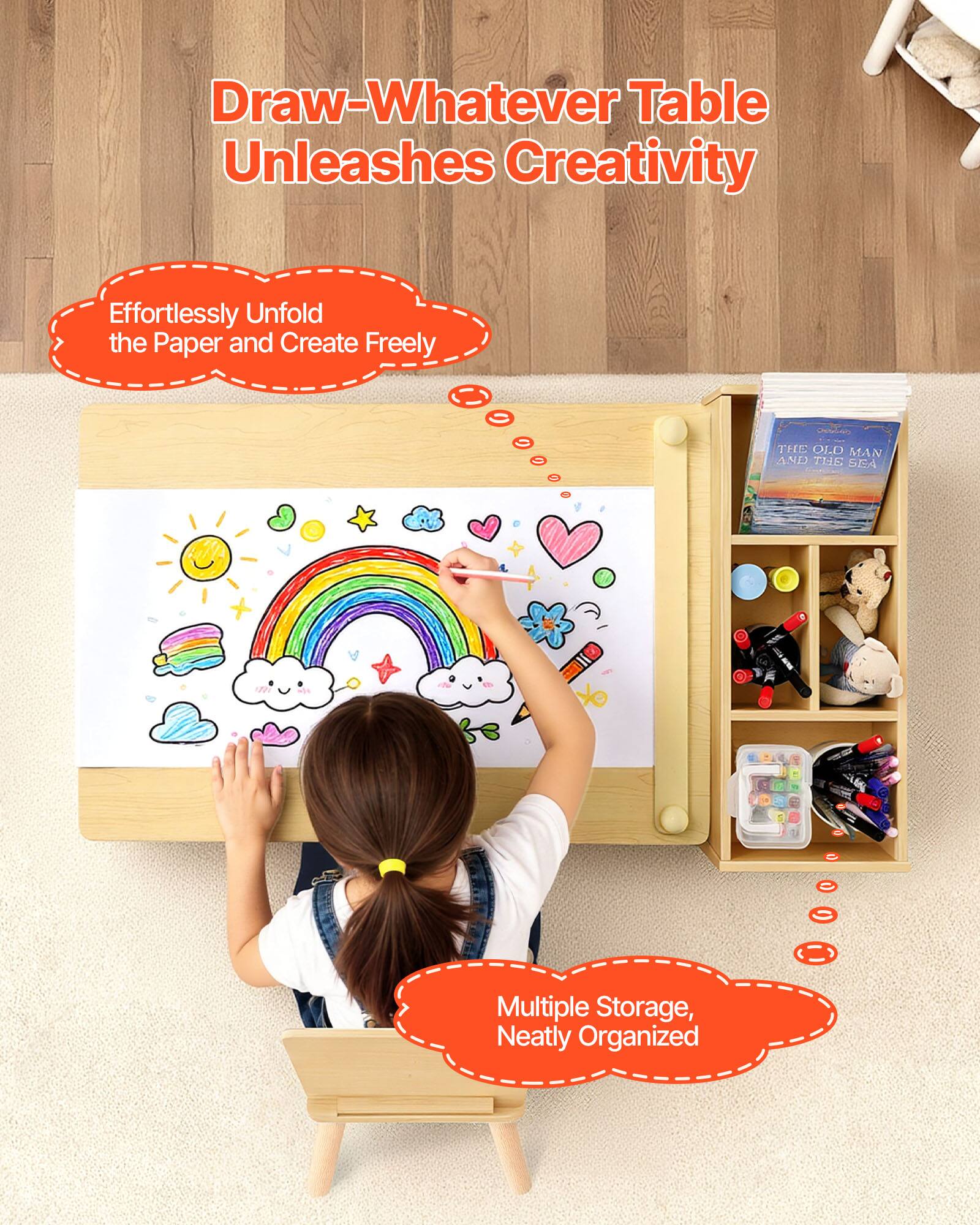 Draw-Whatever Table Unleashes Creativity Effortlessly Unfold the Paper and Create Freely

Multiple Storage, Neatly Organized