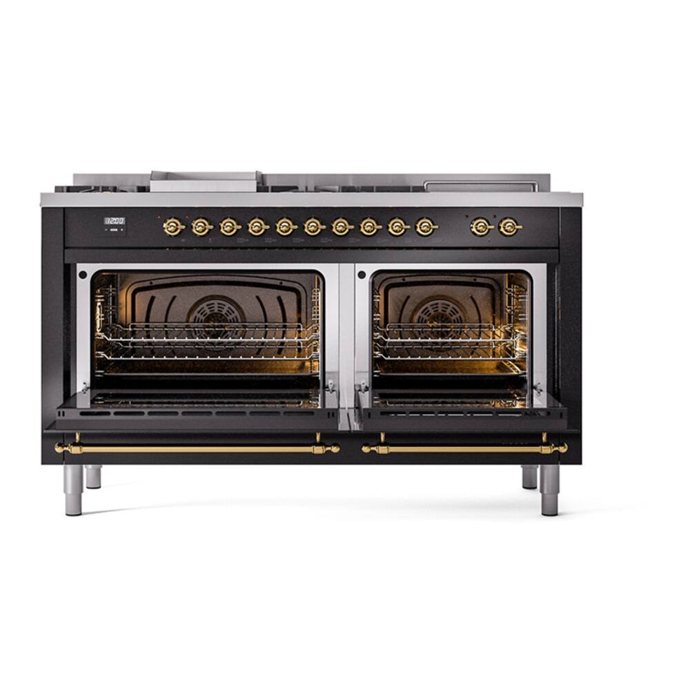 Alt View 4. ILVE - ILVE Nostalgie II Series 60 in. Dual Fuel Range with 7 Sealed Burners + Griddle (Liquid Propane, Brass Trim) - Glossy Black.