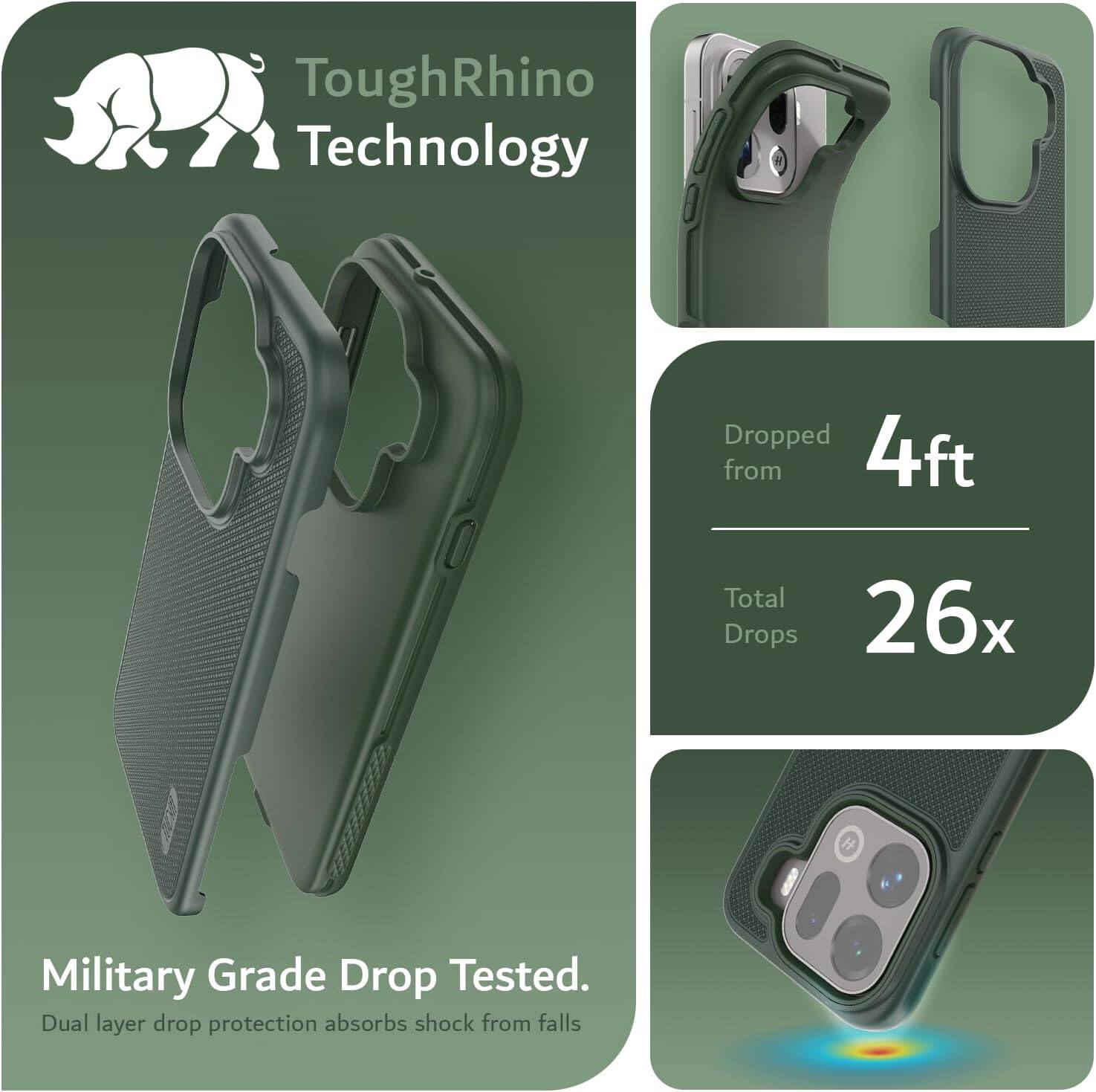 ToughRhino Technology

Dropped from 4ft
Total Drops 26x

Military Grade Drop Tested.
Dual layer drop protection absorbs shock from falls