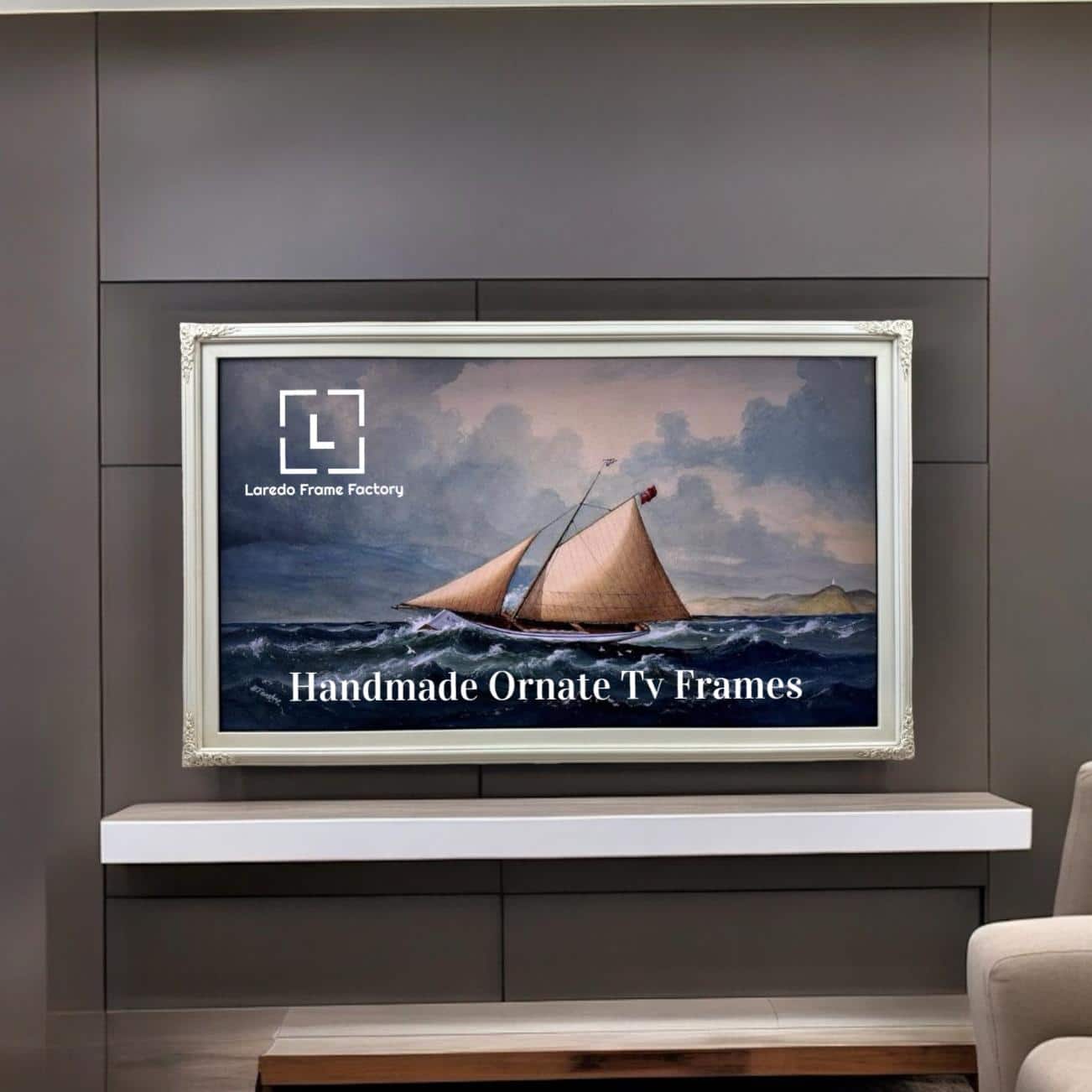 LAREDO FRAME FACTORY - 32 inch Handmade ornate Tv frame for Samsung The Frame tv and Frame Pro Model - SOFT IVORY