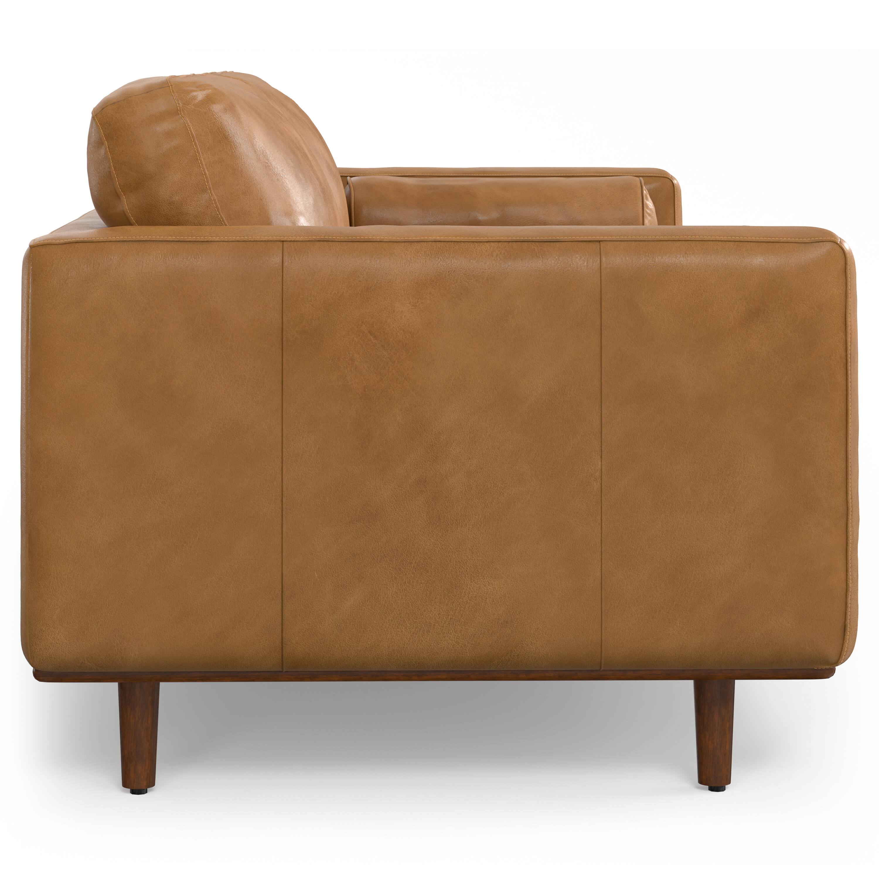 Left. Simpli Home - Morrison 89 inch Wide Mid-Century Modern Sofa in Sienna Top Grain Genuine Leather - Sienna.